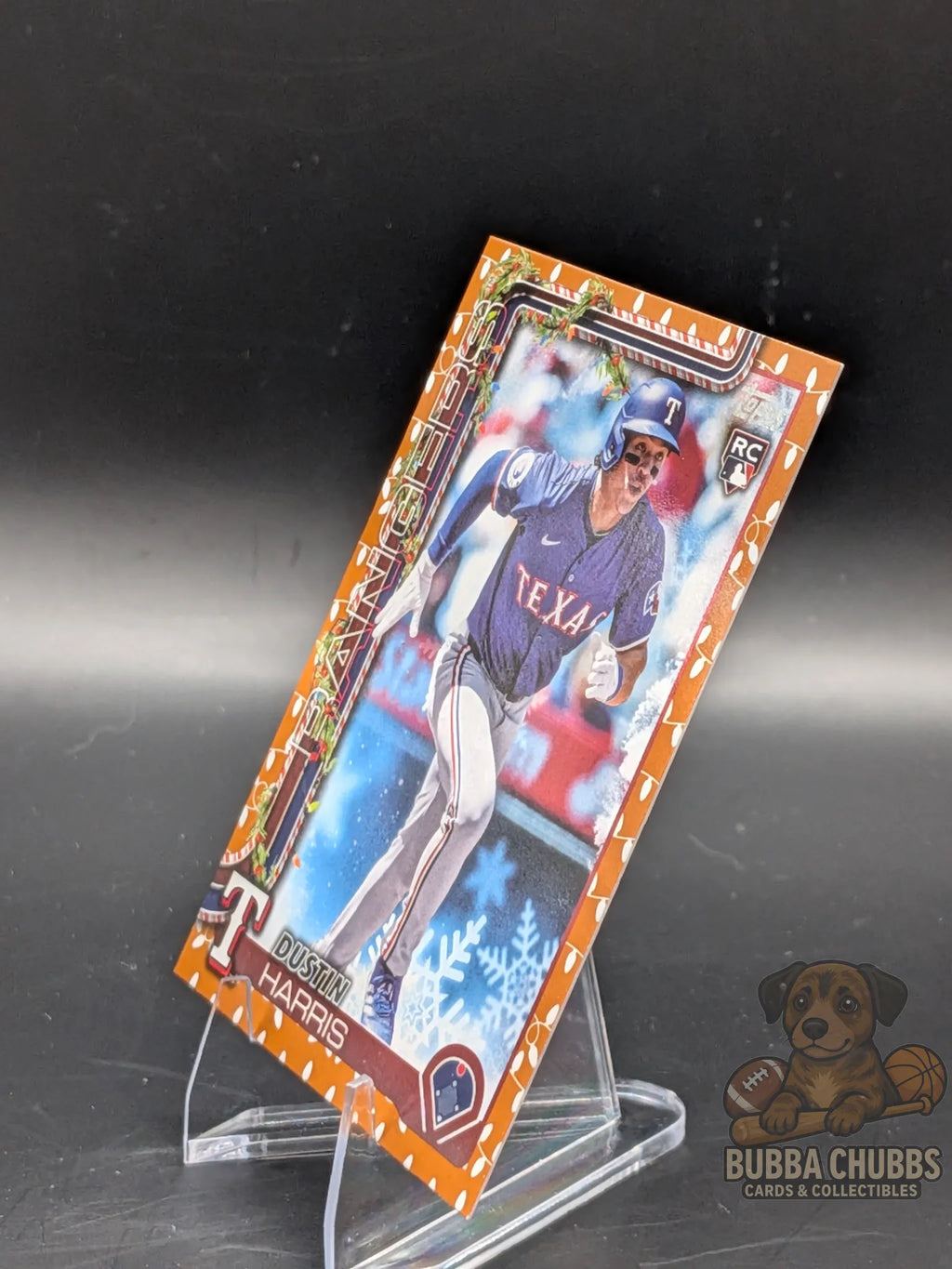 Baseball rookie trading card of Dustin Harris of the Texas Rangers topps holiday parallel