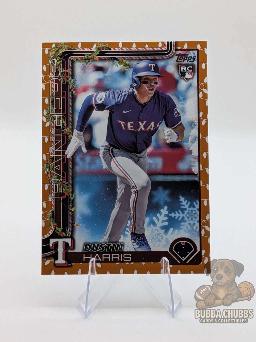 Baseball rookie trading card of Dustin Harris of the Texas Rangers topps holiday parallel