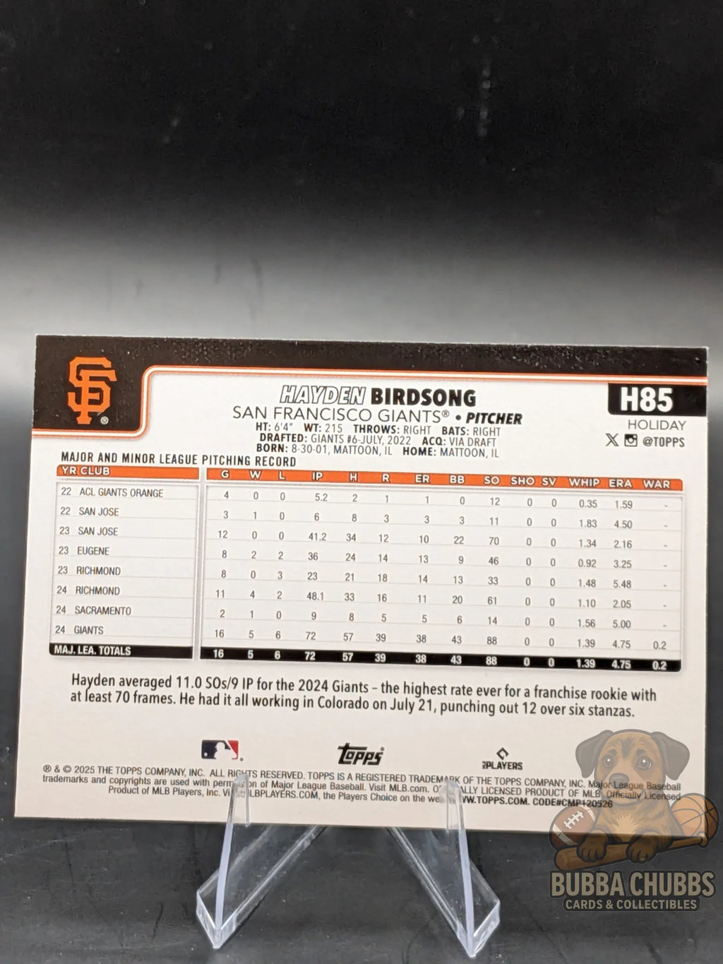 Baseball rookie trading card of Hayden Birdsong of the San Francisco Giants topps holiday parallel