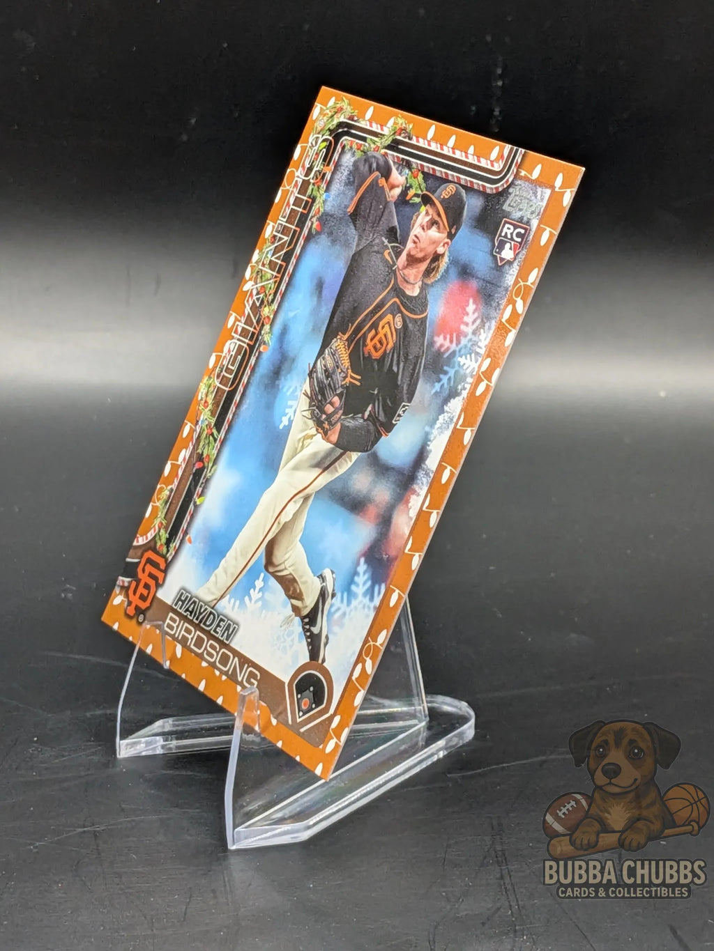 Baseball rookie trading card of Hayden Birdsong of the San Francisco Giants topps holiday parallel