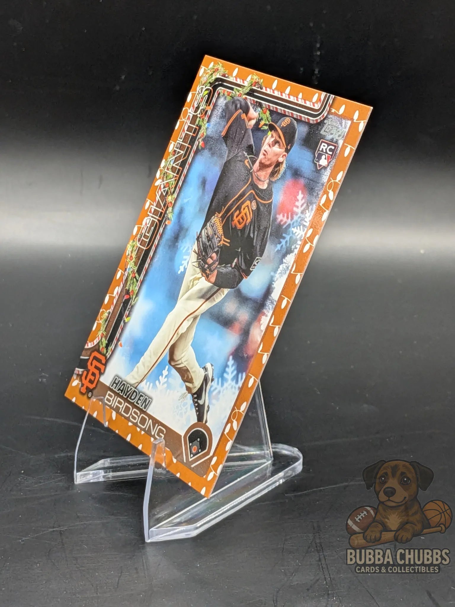 Baseball rookie trading card of Hayden Birdsong of the San Francisco Giants topps holiday parallel
