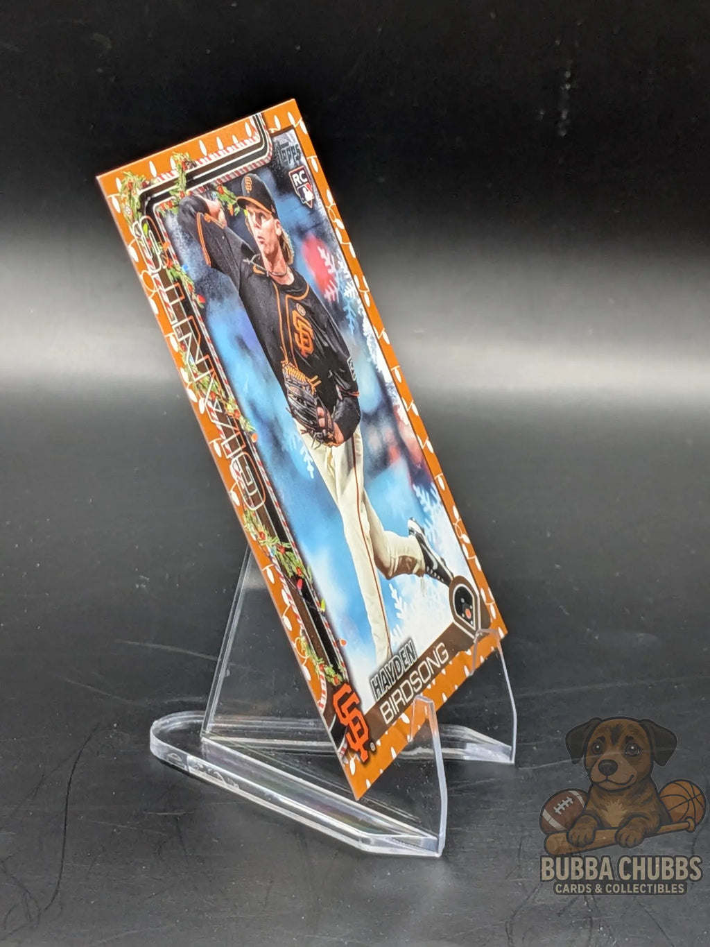 Baseball rookie trading card of Hayden Birdsong of the San Francisco Giants topps holiday parallel