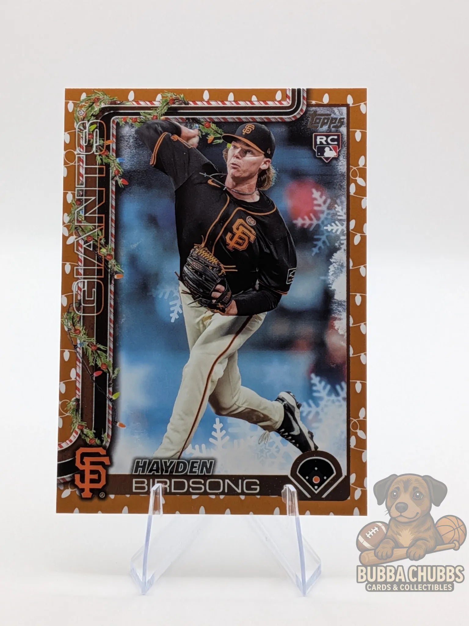 Baseball rookie trading card of Hayden Birdsong of the San Francisco Giants topps holiday parallel