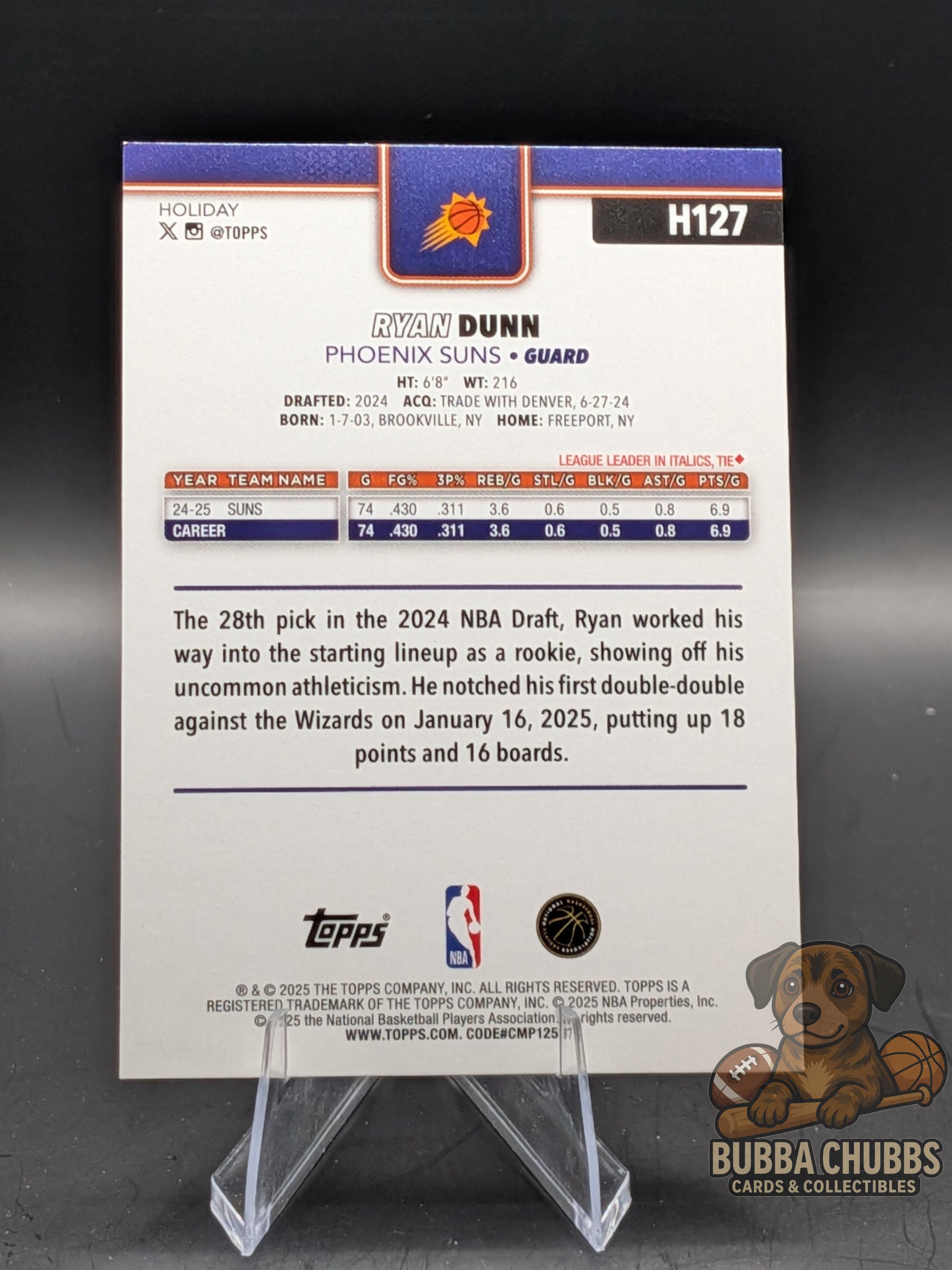 Basketball trading card of Ryan Dunn in topps holiday