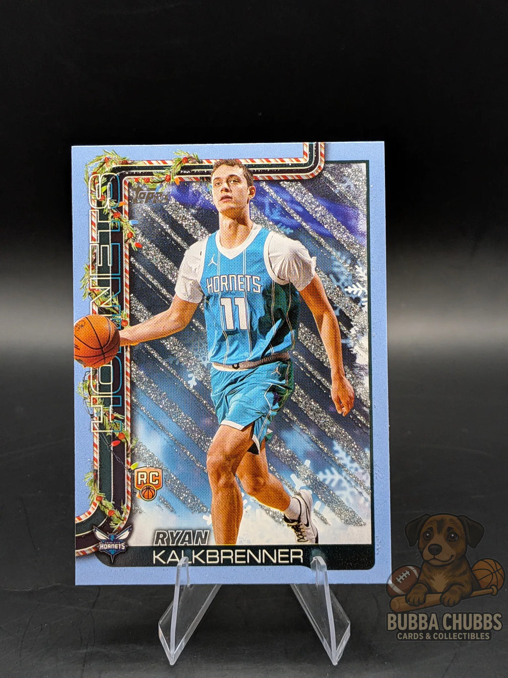 Basketball trading card of a player Ryan Kalkbrenner of the Charlotte Hornets topps holiday silver glitter parallel