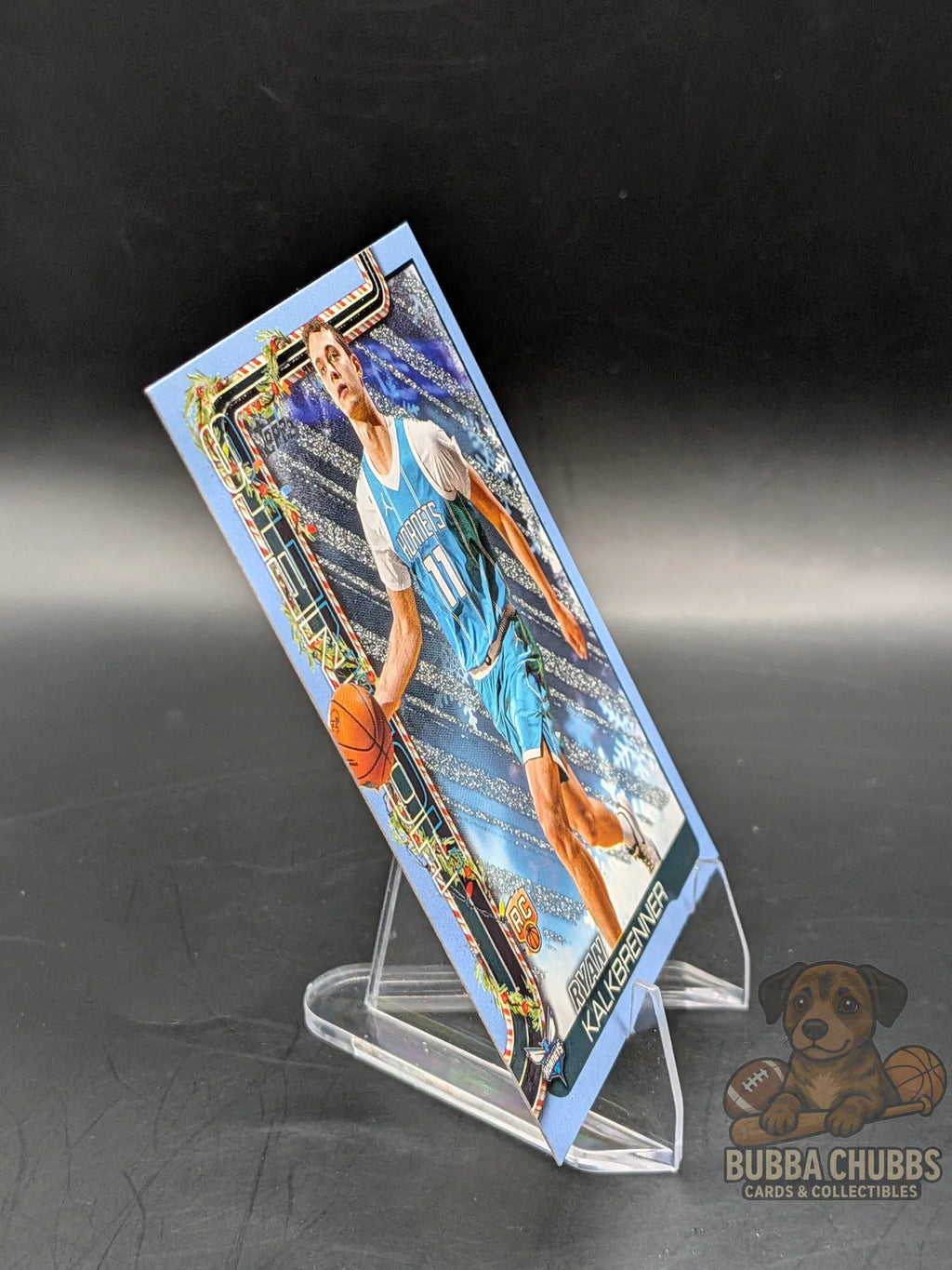 Basketball trading card of a player Ryan Kalkbrenner of the Charlotte Hornets topps holiday silver glitter parallel