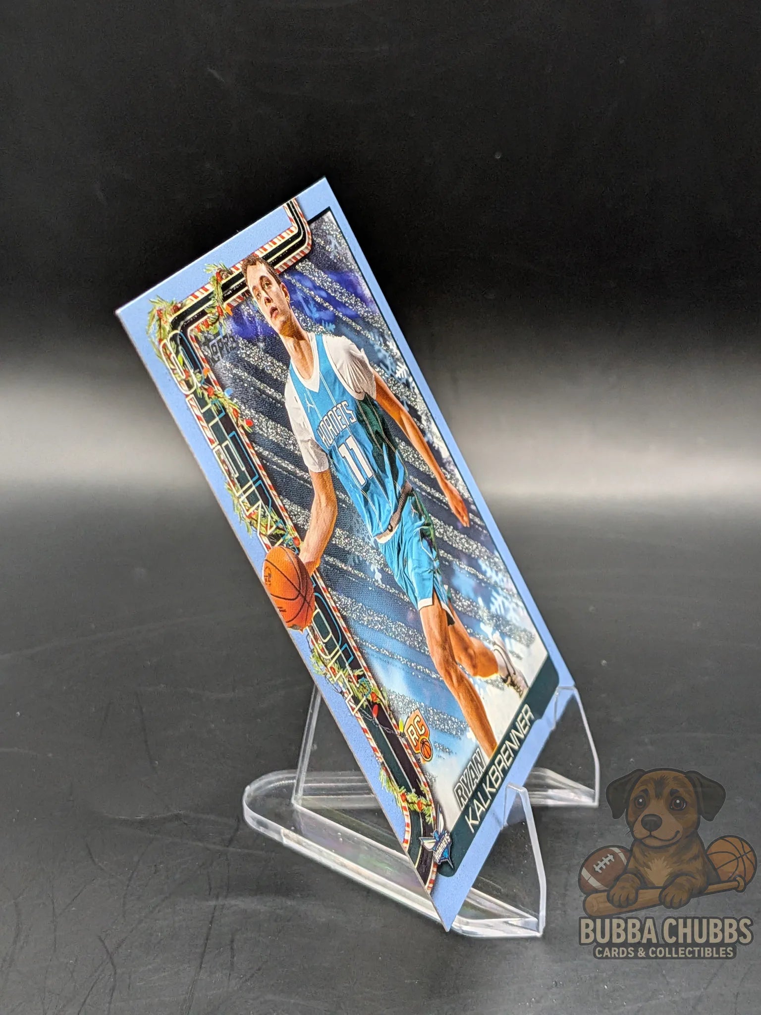 Basketball trading card of a player Ryan Kalkbrenner of the Charlotte Hornets topps holiday silver glitter parallel