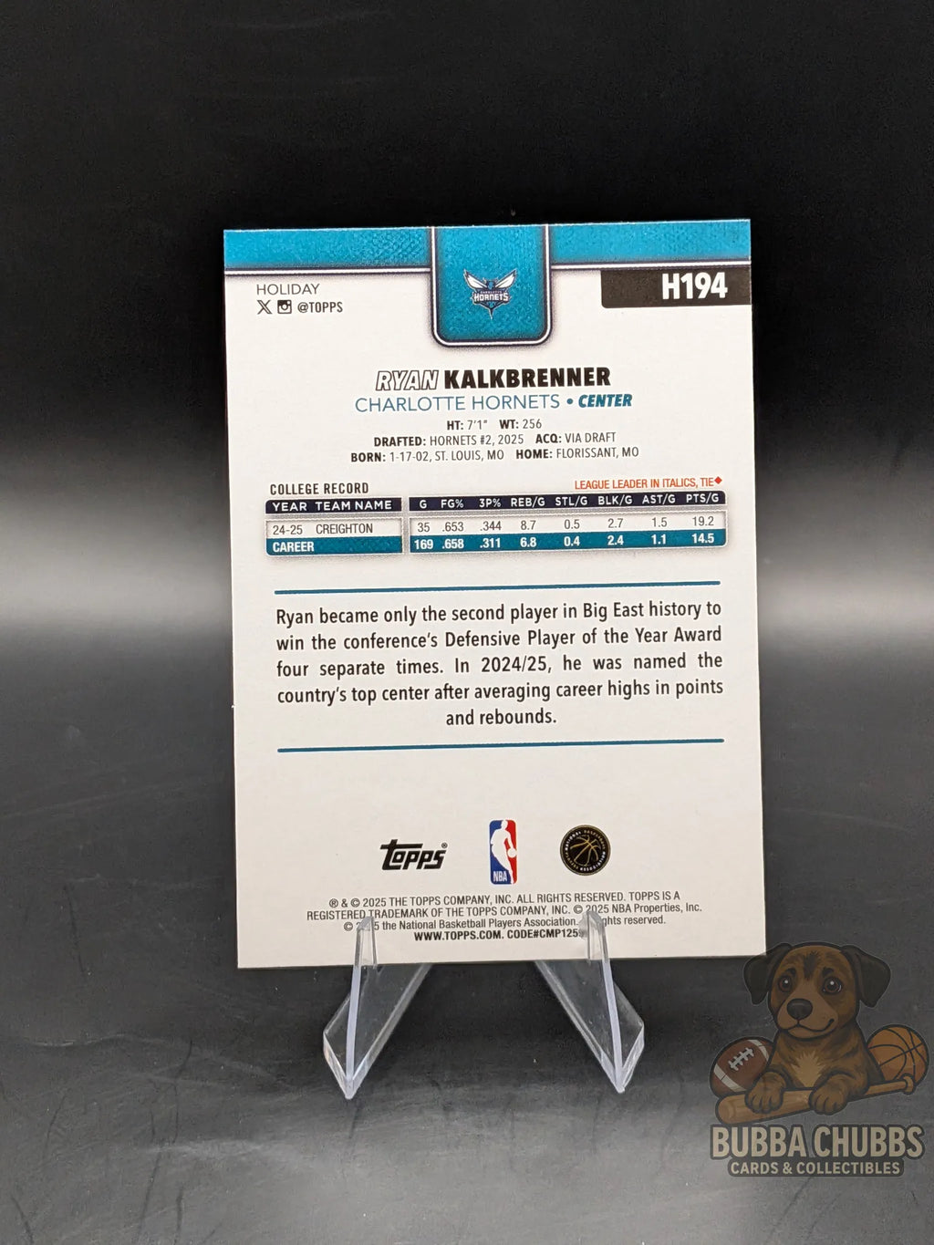 Basketball trading card of a player Ryan Kalkbrenner of the Charlotte Hornets topps holiday silver glitter parallel