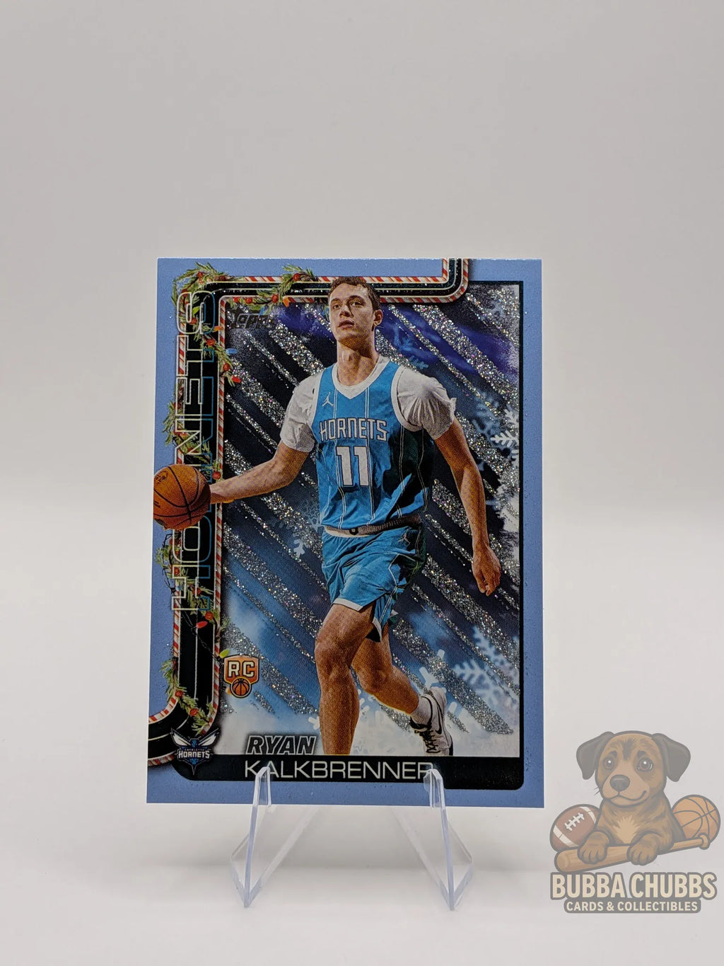 Basketball trading card of a player Ryan Kalkbrenner of the Charlotte Hornets topps holiday silver glitter parallel