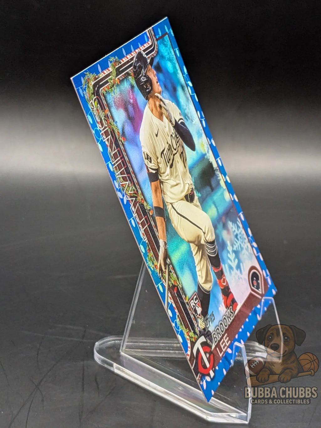 Baseball rookie trading card featuring Brooks Lee of the Minnesota Twins topps holiday blue parallel
