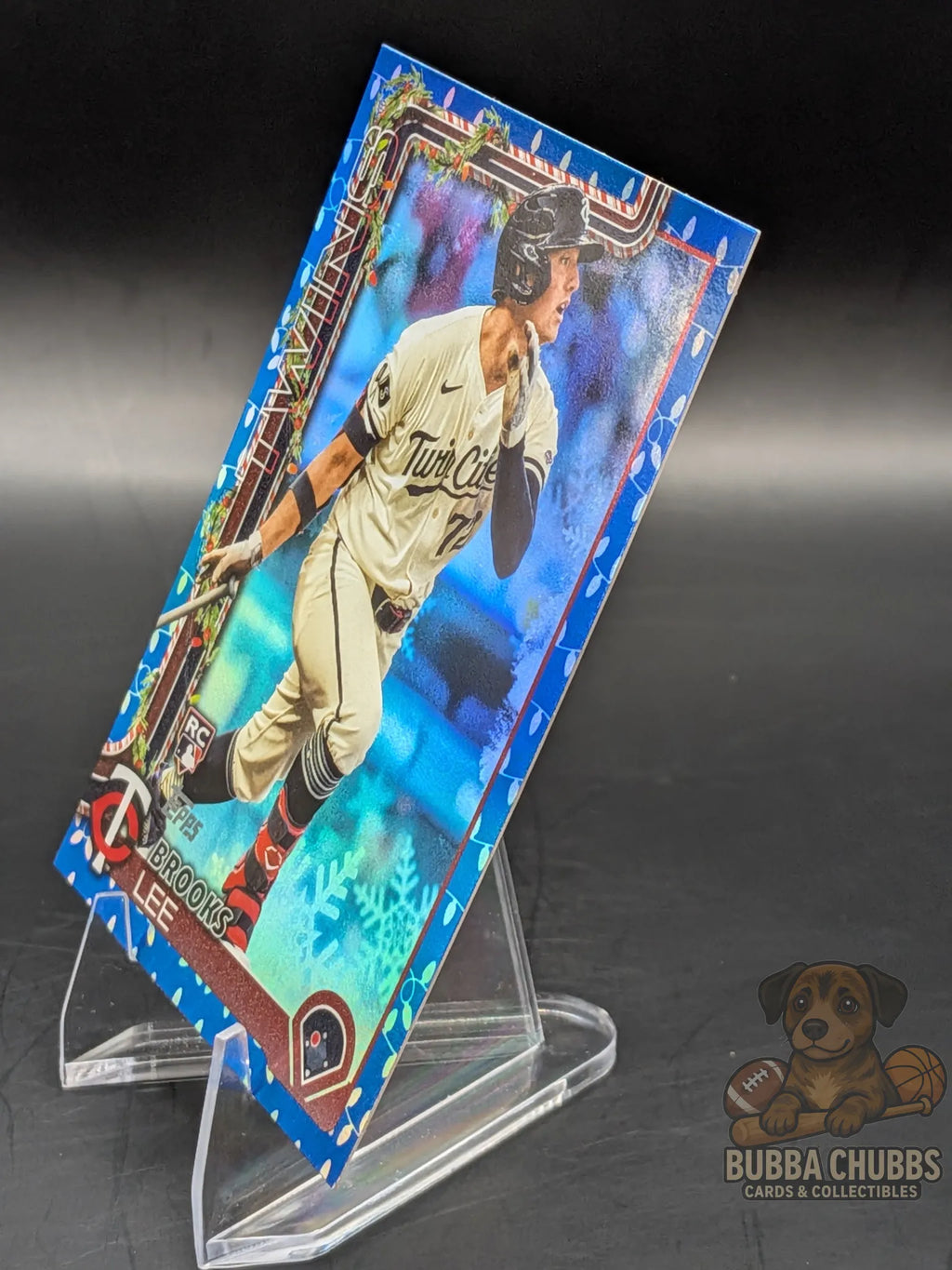 Baseball rookie trading card featuring Brooks Lee of the Minnesota Twins topps holiday blue parallel