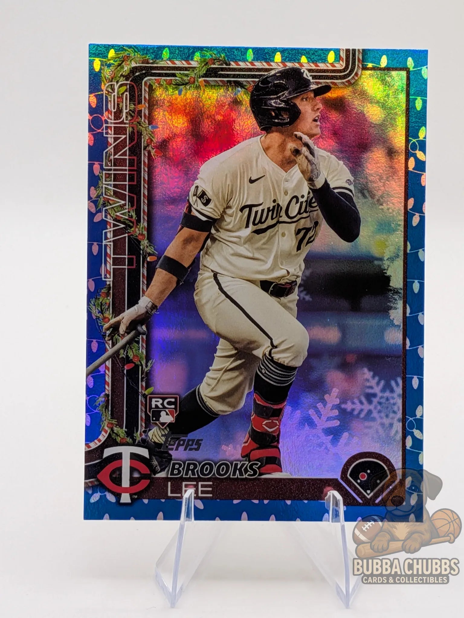 Baseball rookie trading card featuring Brooks Lee of the Minnesota Twins topps holiday blue parallel