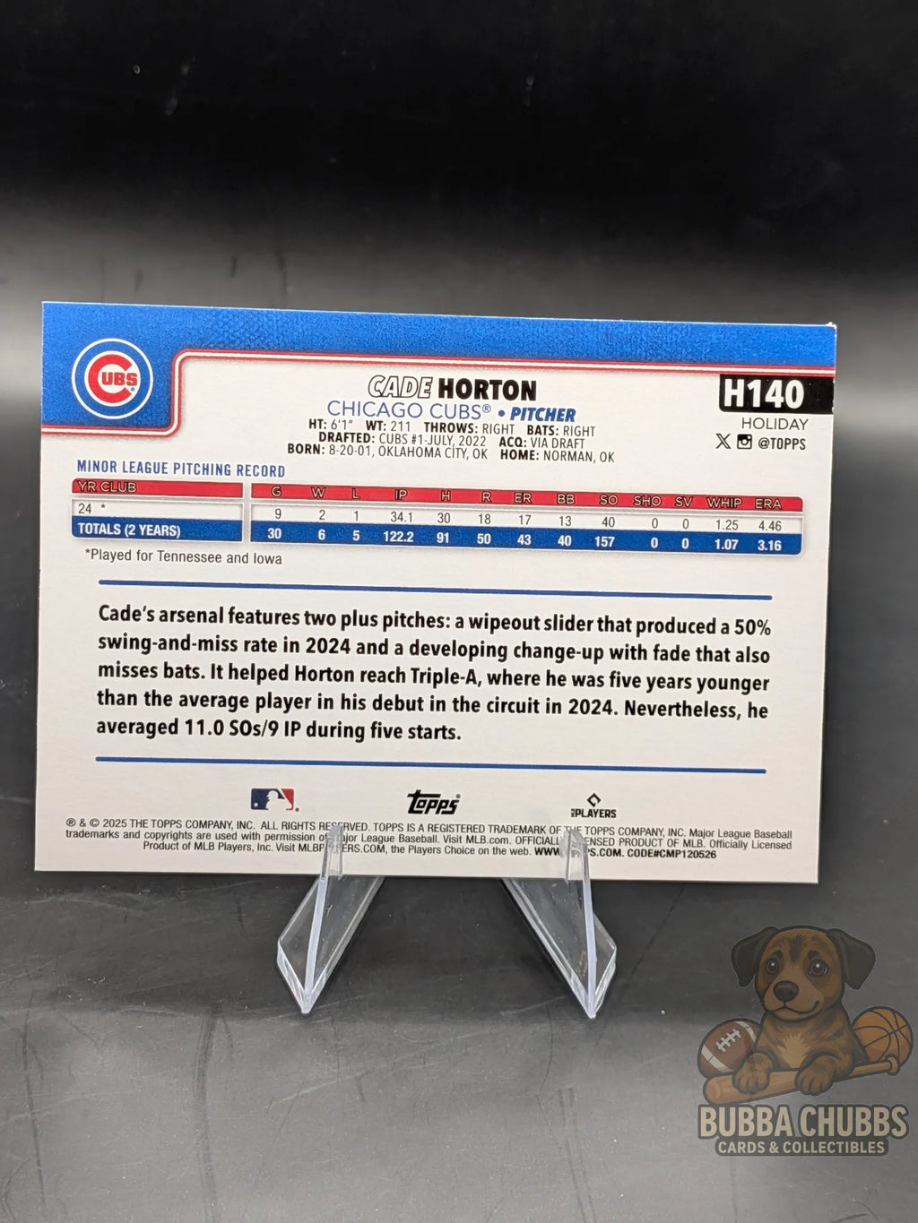 Baseball trading card of rookie Cade Horton of the Chicago cubs topps holiday base 