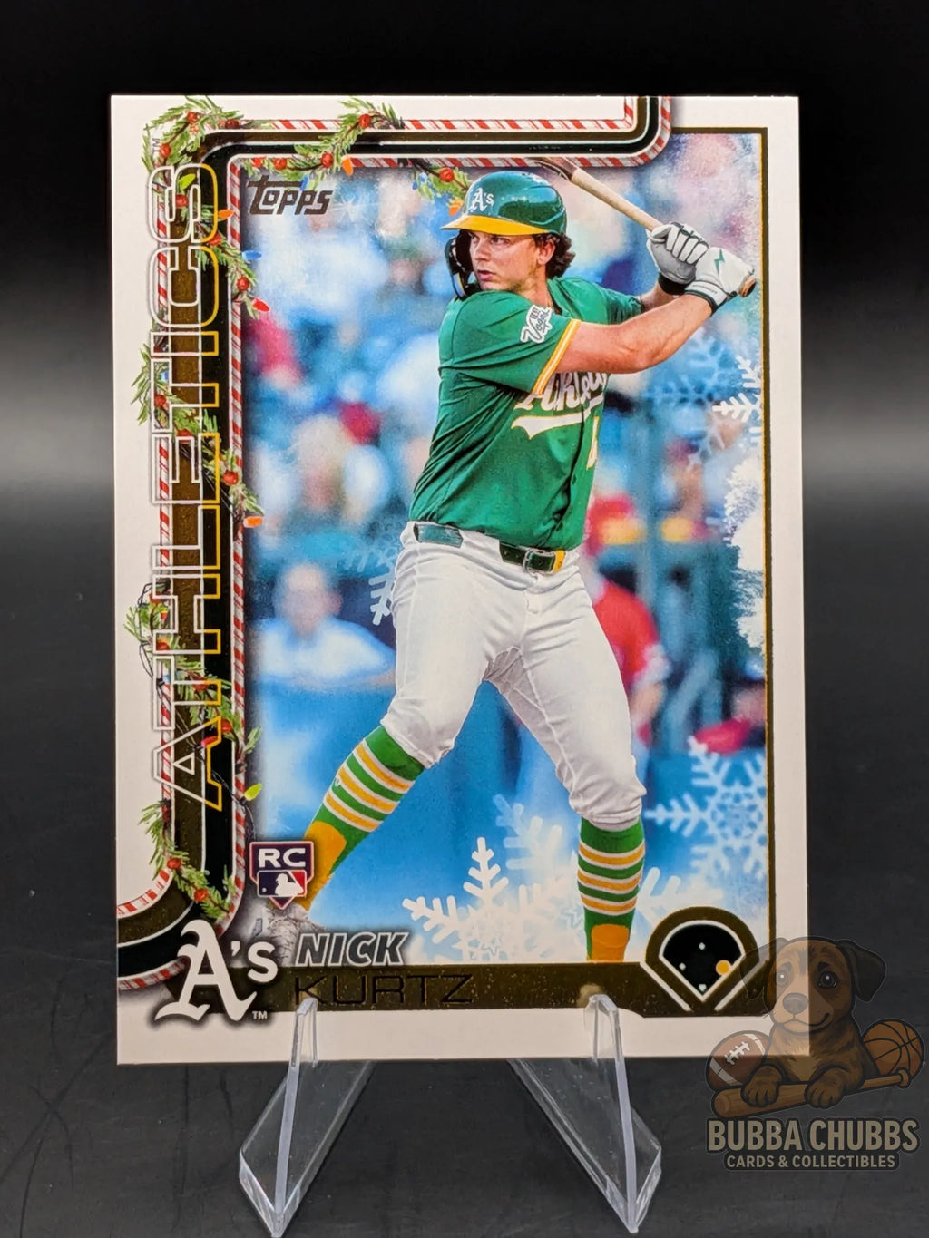 Baseball rookie trading card featuring Nick Kurtz of the Athletics topps holiday parallel