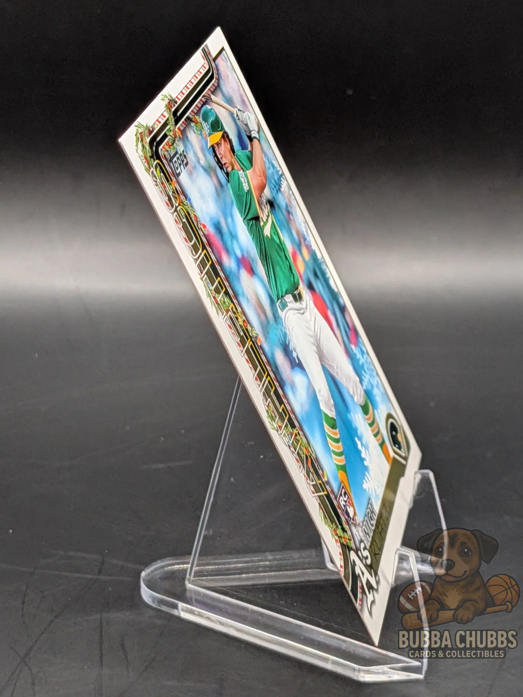 Baseball rookie trading card featuring Nick Kurtz of the Athletics topps holiday parallel