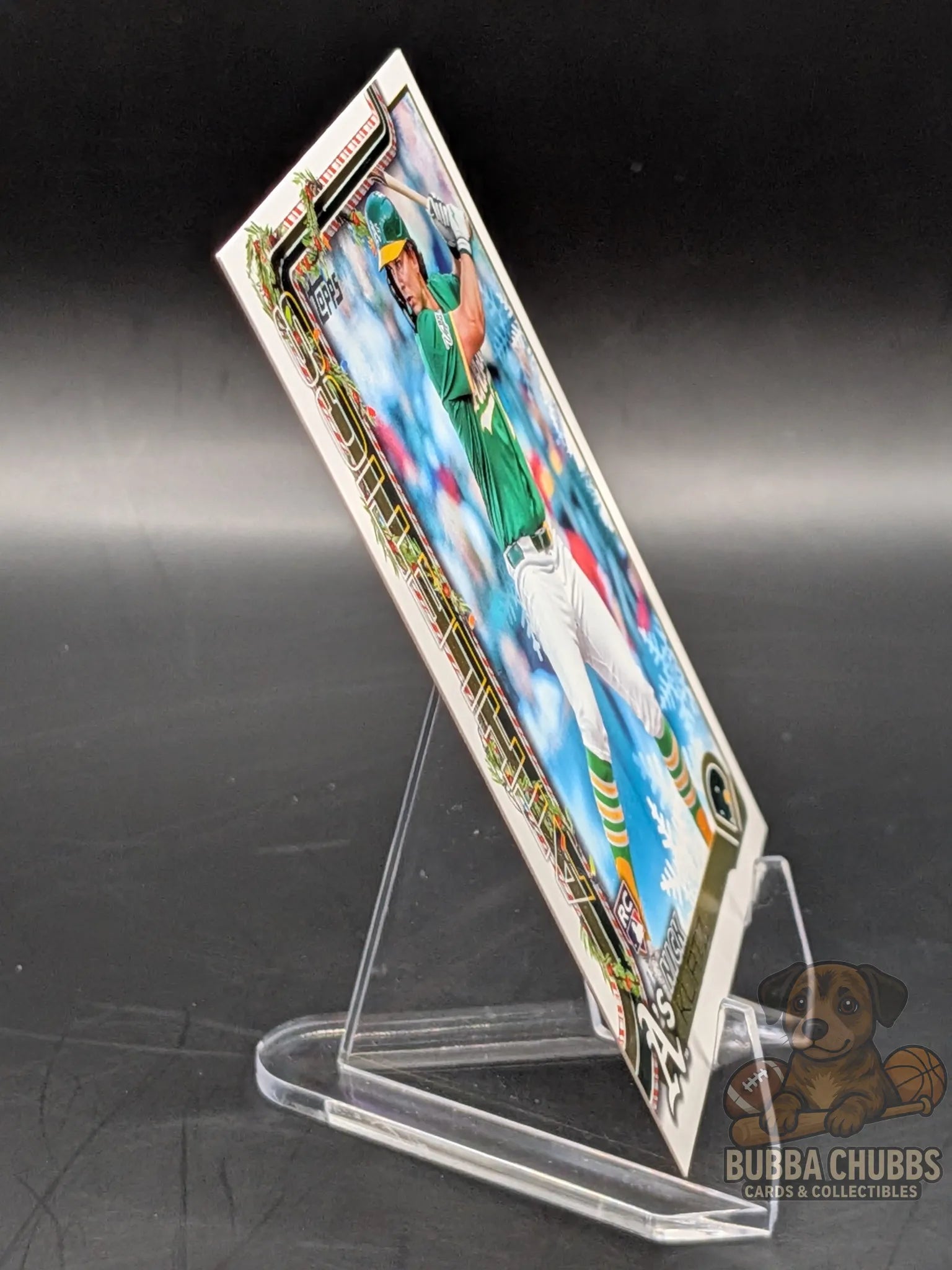 Baseball rookie trading card featuring Nick Kurtz of the Athletics topps holiday parallel