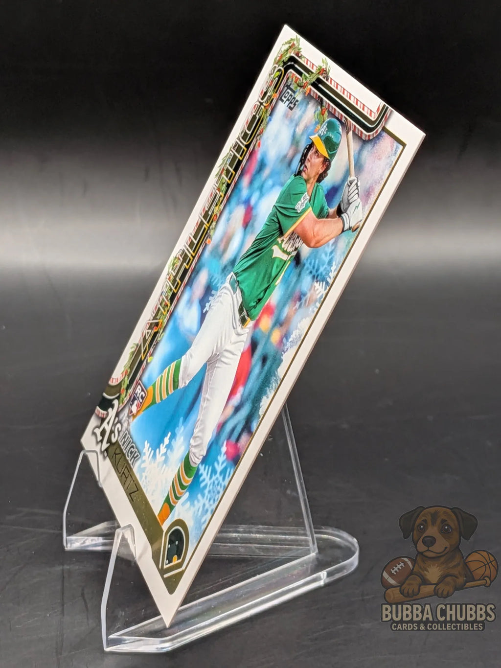 Baseball rookie trading card featuring Nick Kurtz of the Athletics topps holiday parallel