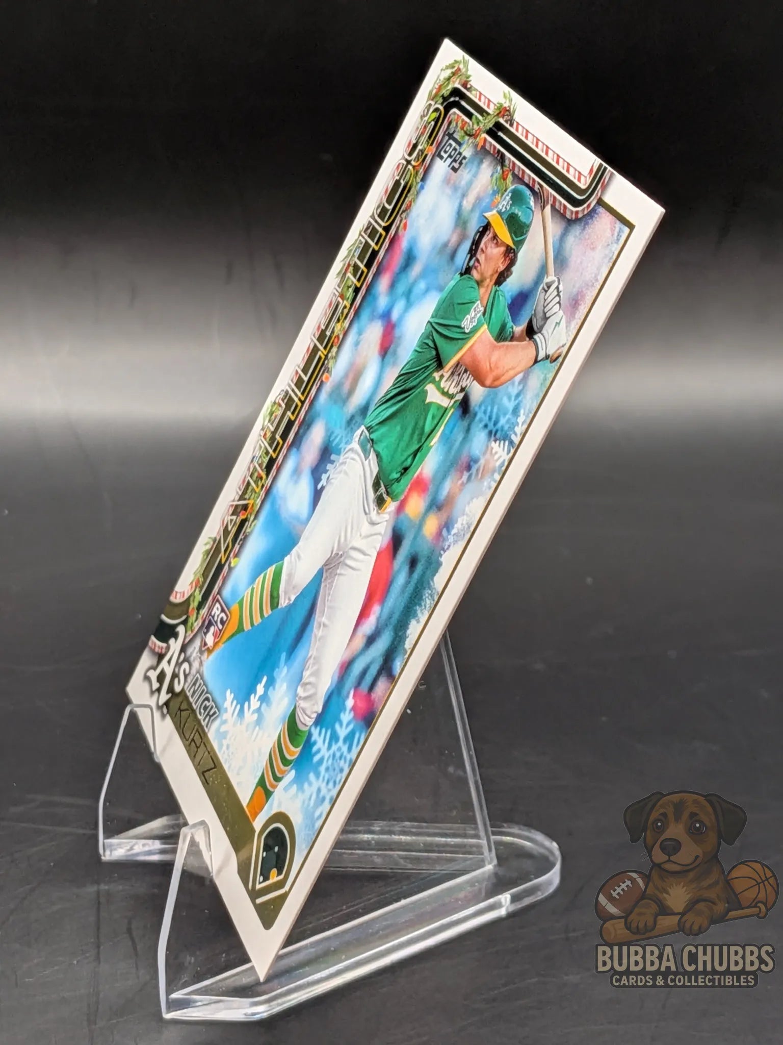 Baseball rookie trading card featuring Nick Kurtz of the Athletics topps holiday parallel