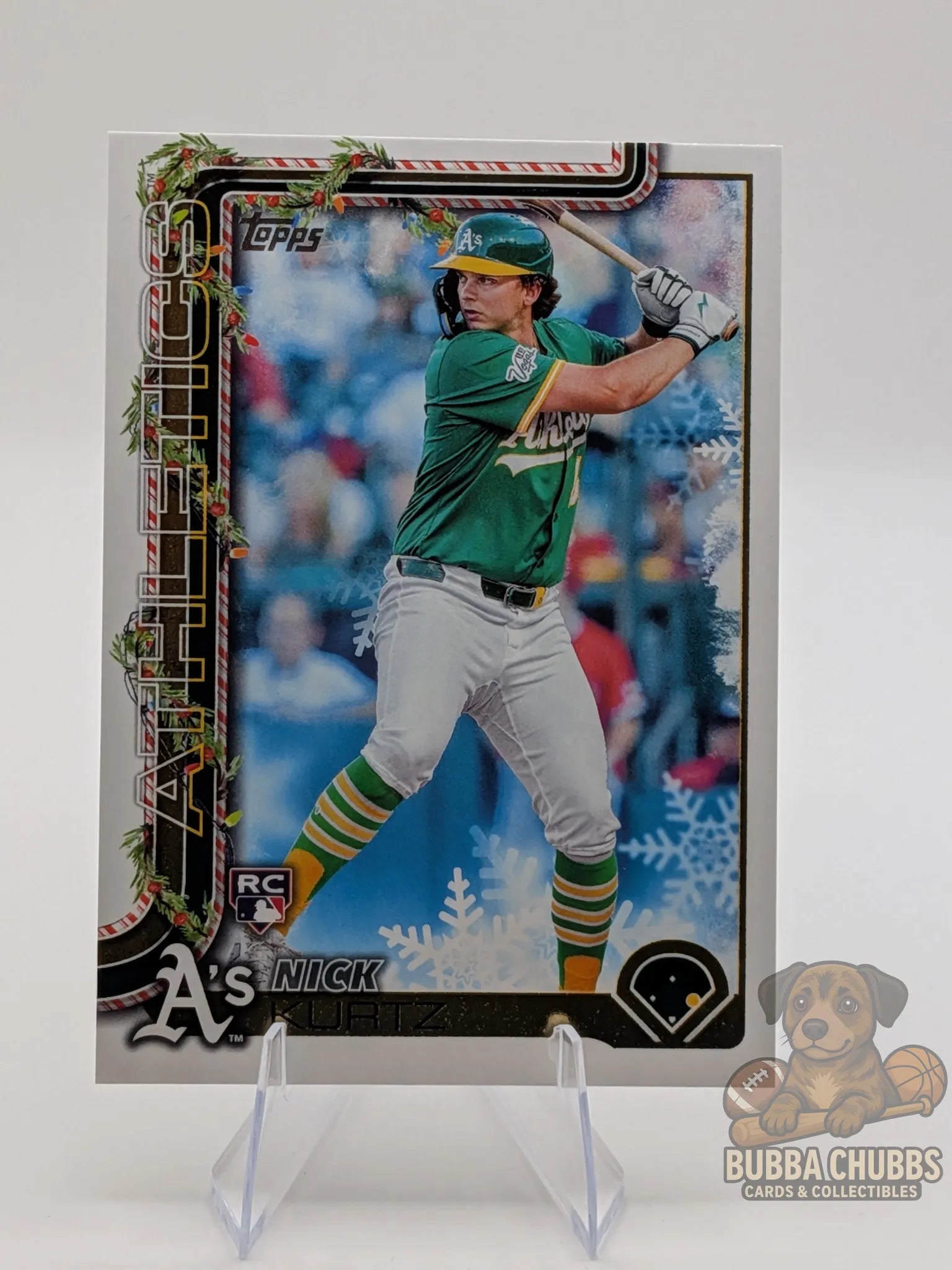 Baseball rookie trading card featuring Nick Kurtz of the Athletics topps holiday parallel