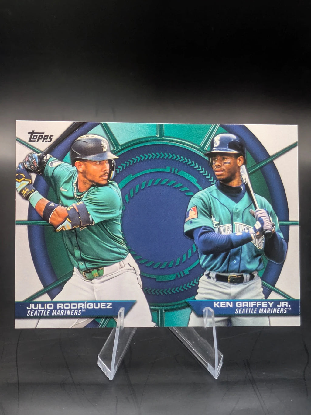 Baseball trading card of Julio Rodriguez Ken Griffey Jr. Dynamic Duos Seattle Mariners Topps Series 2
