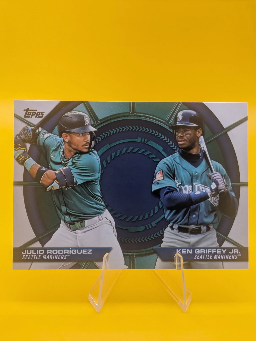 Baseball trading card of Julio Rodriguez Ken Griffey Jr. Dynamic Duos Seattle Mariners Topps Series 2