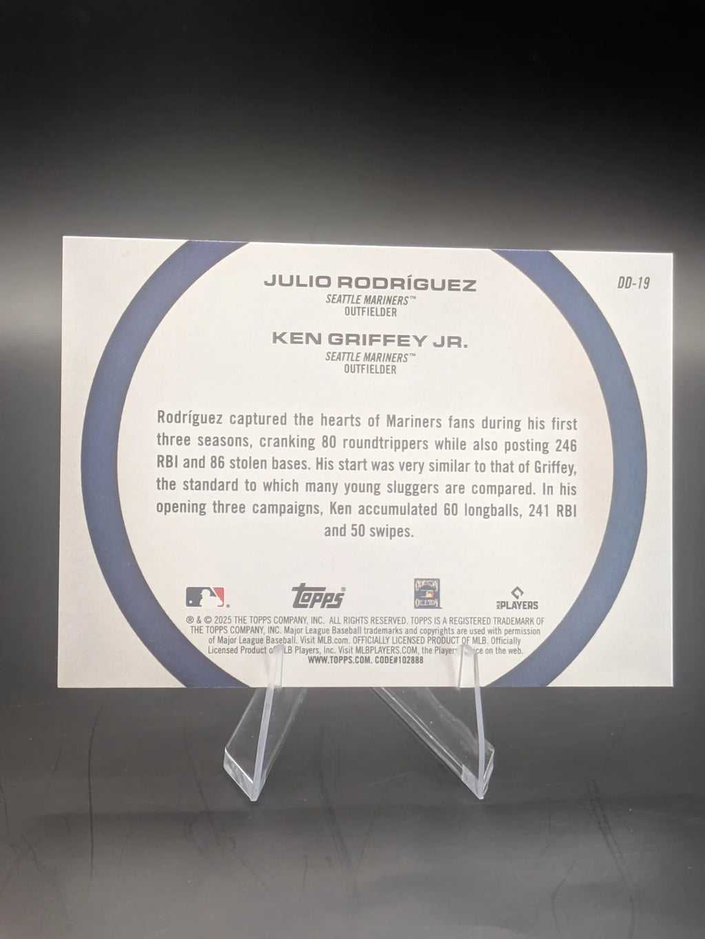 Baseball trading card of Julio Rodriguez Ken Griffey Jr. Dynamic Duos Seattle Mariners Topps Series 2