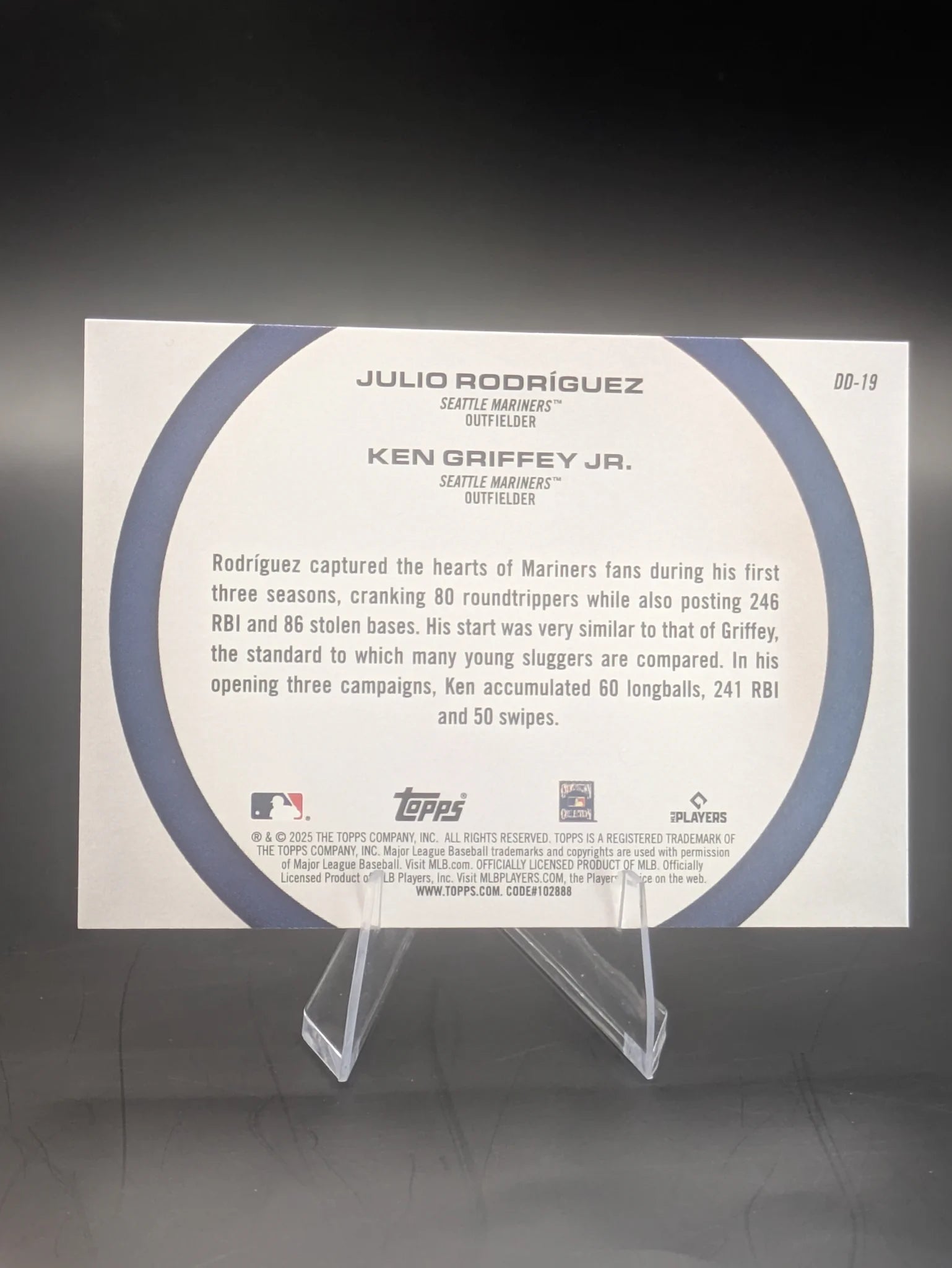 Baseball trading card of Julio Rodriguez Ken Griffey Jr. Dynamic Duos Seattle Mariners Topps Series 2