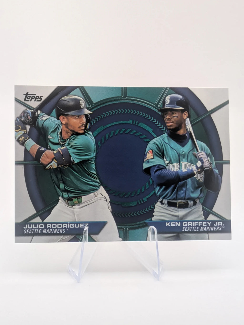 Baseball trading card of Julio Rodriguez Ken Griffey Jr. Dynamic Duos Seattle Mariners Topps Series 2