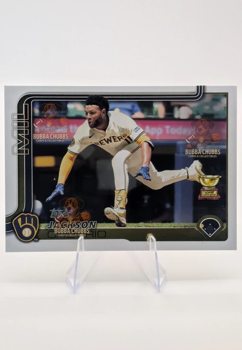 Baseball trading card of Jackson Chourio in a Milwaukee Brewers uniform Topps Series 2 Rookie Cup (RC)