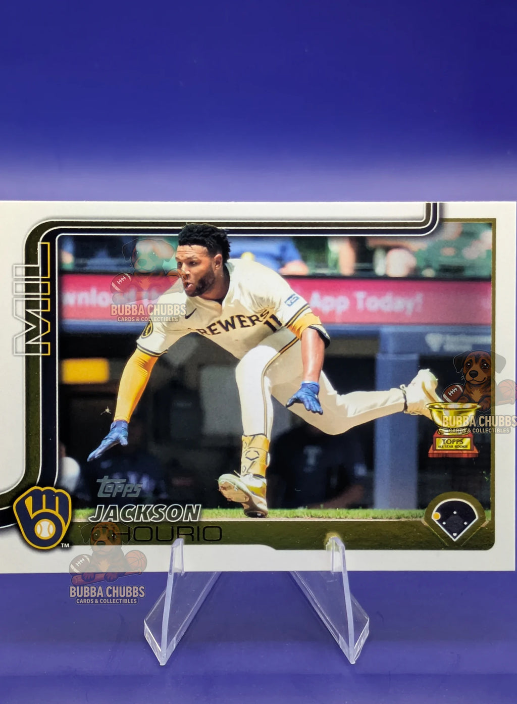 Baseball trading card of Jackson Chourio in a Milwaukee Brewers uniform Topps Series 2 Rookie Cup (RC)