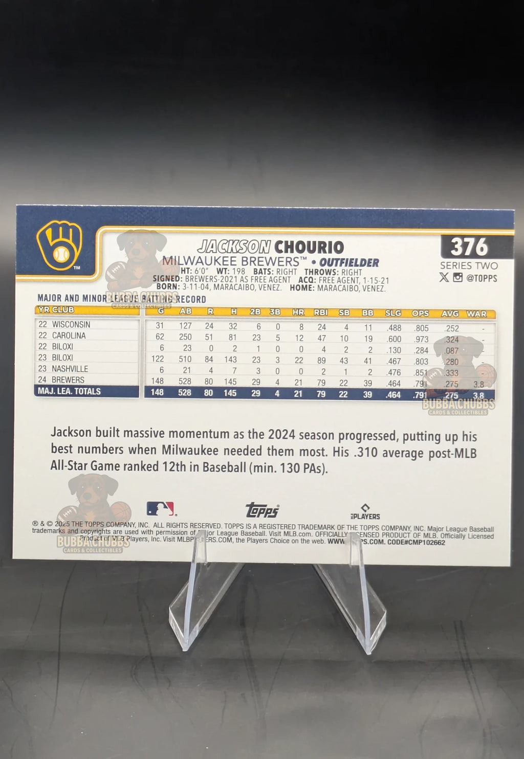Baseball trading card of Jackson Chourio in a Milwaukee Brewers uniform Topps Series 2 Rookie Cup (RC)