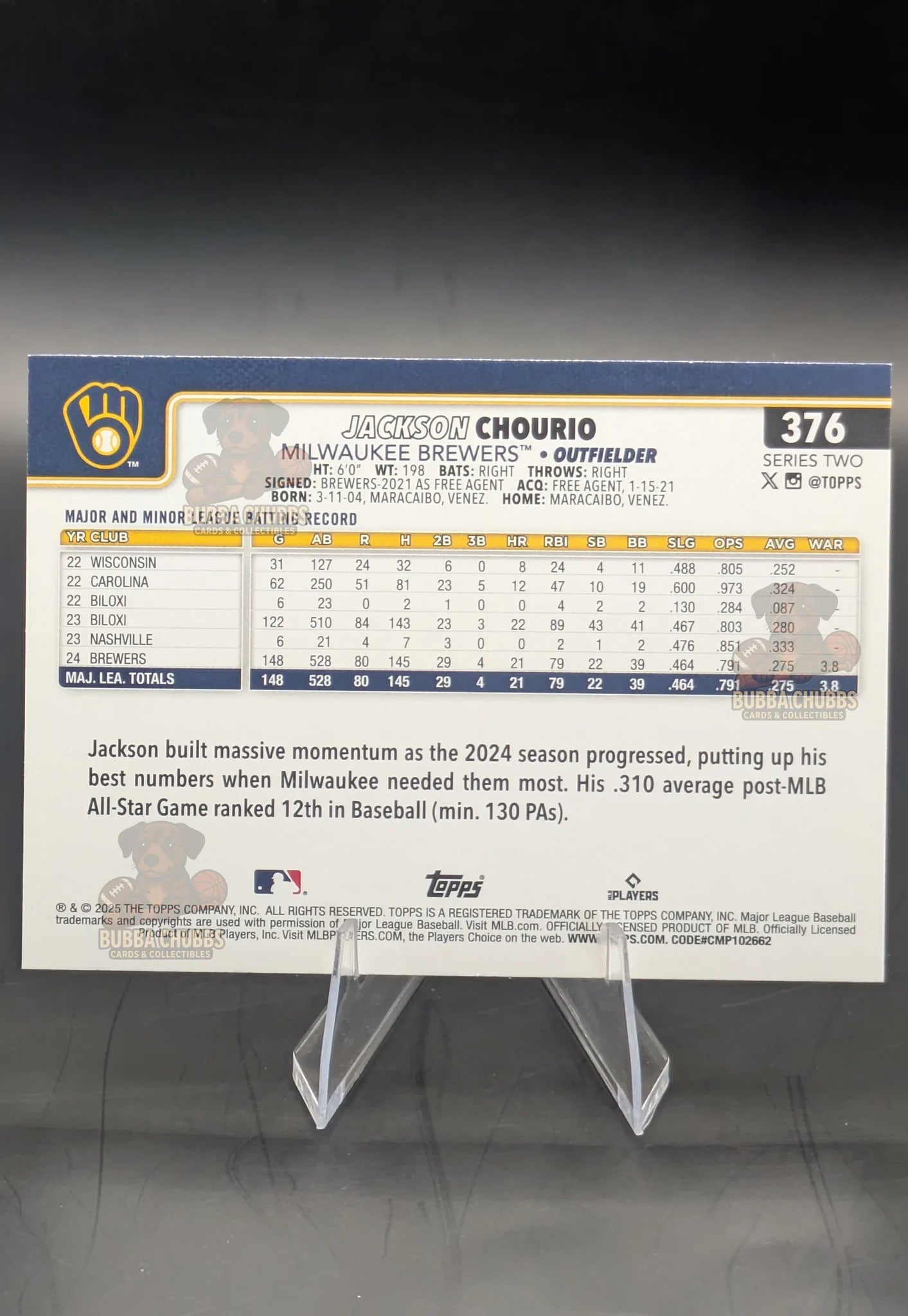 Baseball trading card of Jackson Chourio in a Milwaukee Brewers uniform Topps Series 2 Rookie Cup (RC)
