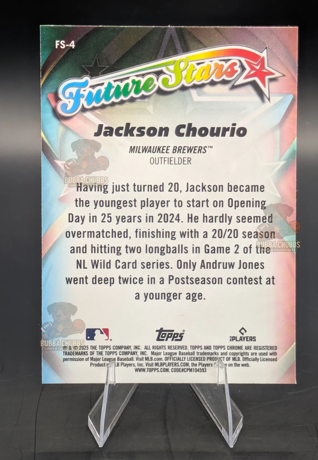 Baseball trading card of Jackson Chourio in a Milwaukee Brewers uniform Topps Chrome Future Stars FS-4 Insert