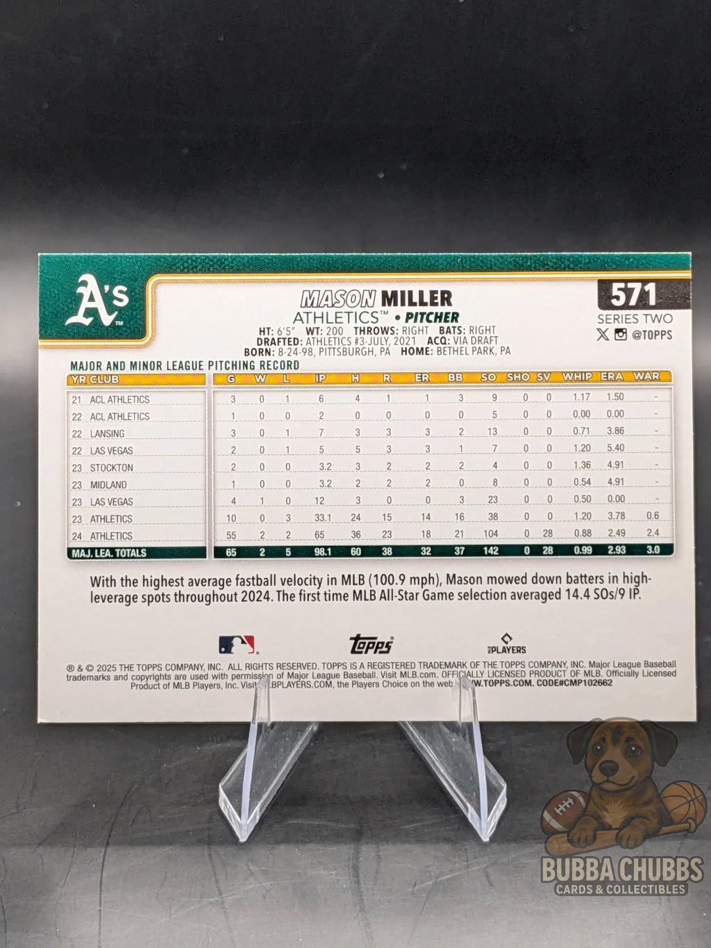 Baseball trading card featuring Mason Miller of the Athletics topps series two rookie cup 