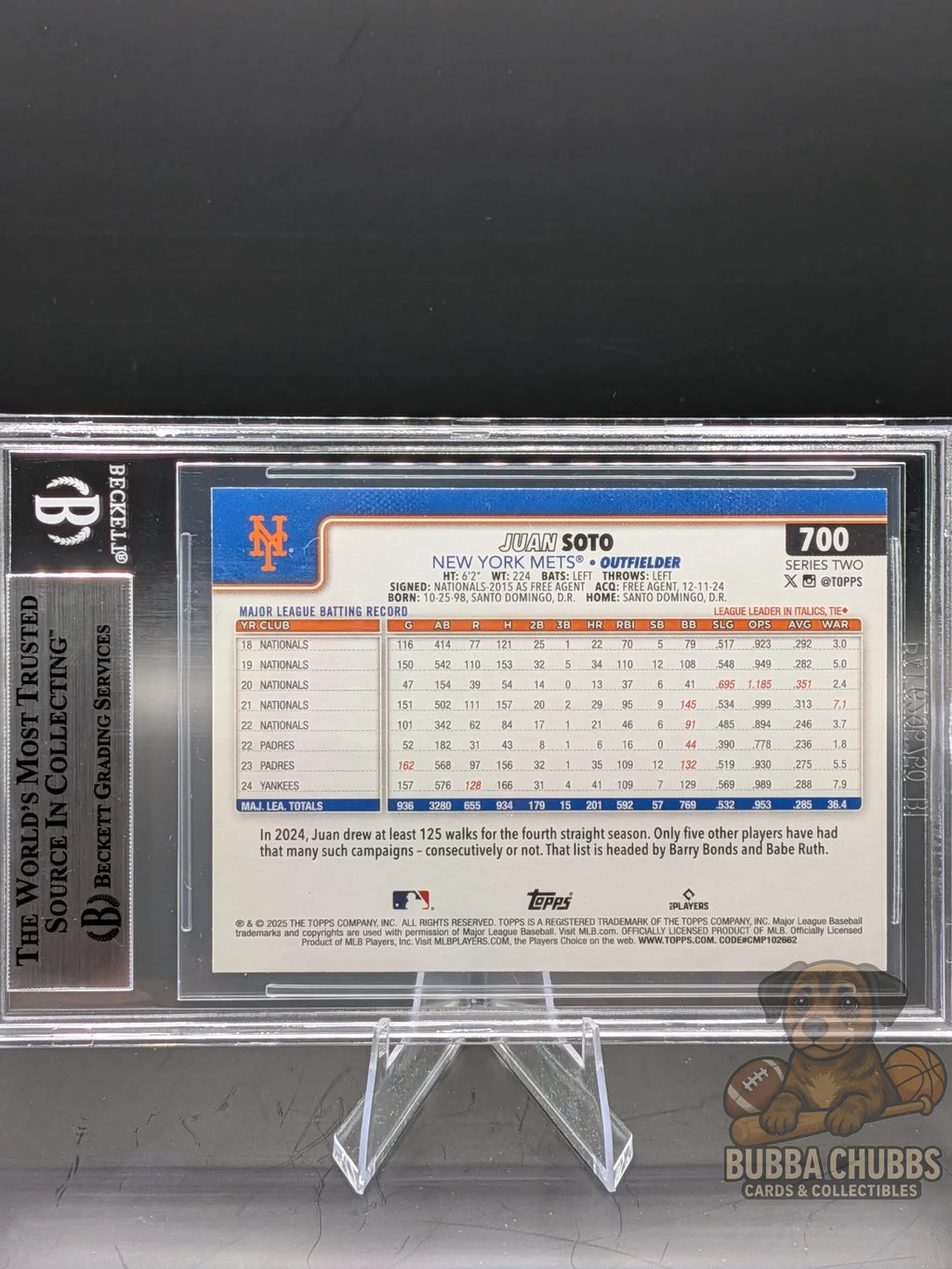 Baseball trading card of Juan Soto topps series two graded bgs 9 