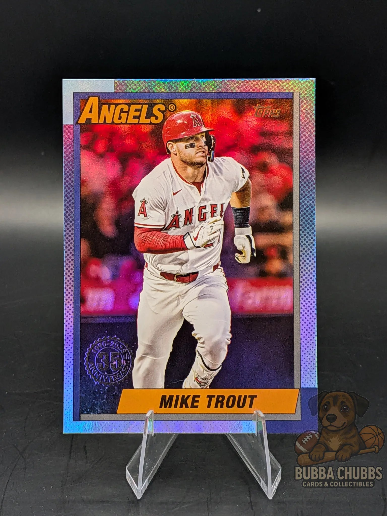 Baseball trading card of Mike Trout Los Angeles Angels Topps update series 35th anniversary insert blue parallel