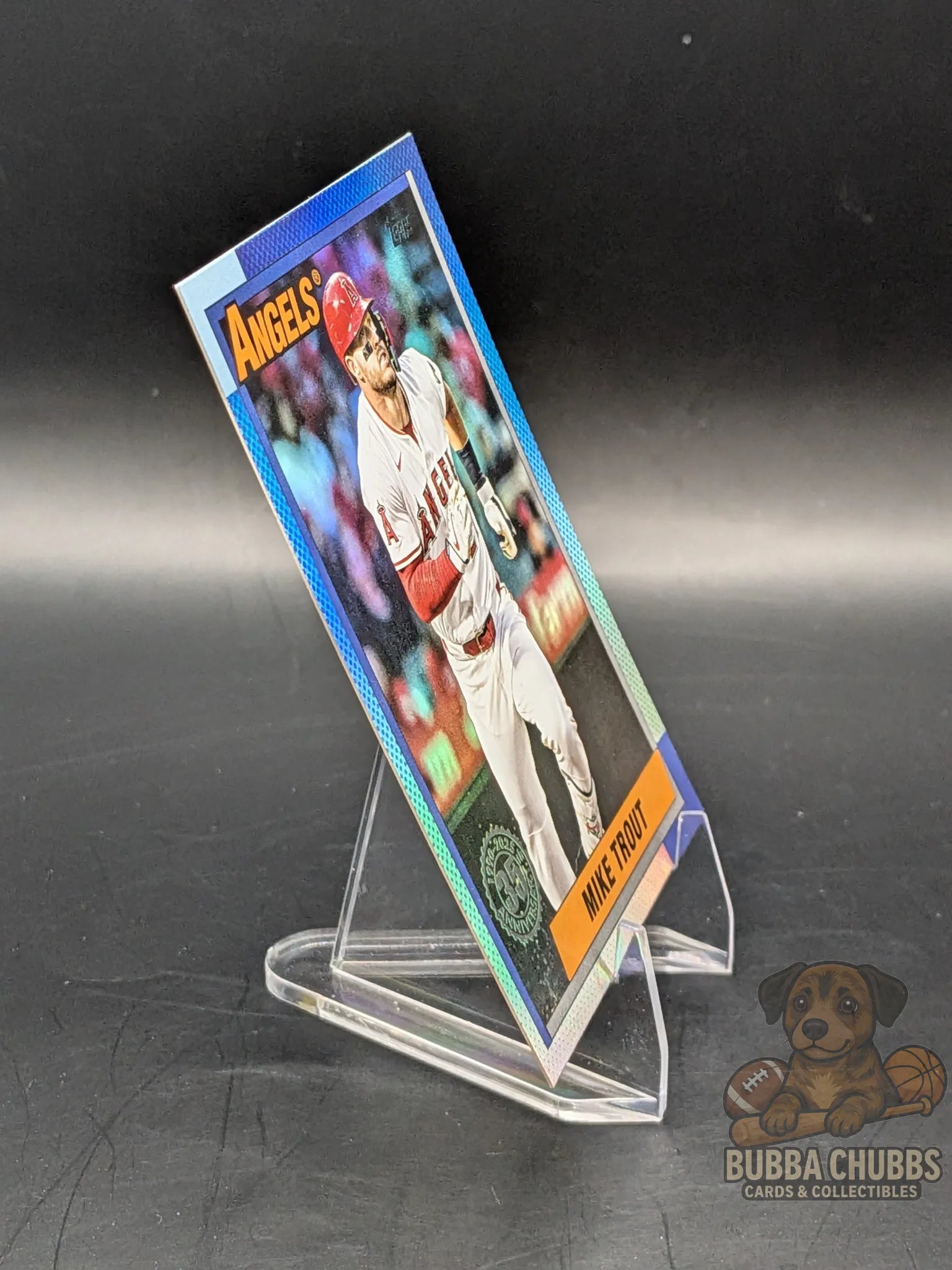 Baseball trading card of Mike Trout Los Angeles Angels Topps update series 35th anniversary insert blue parallel