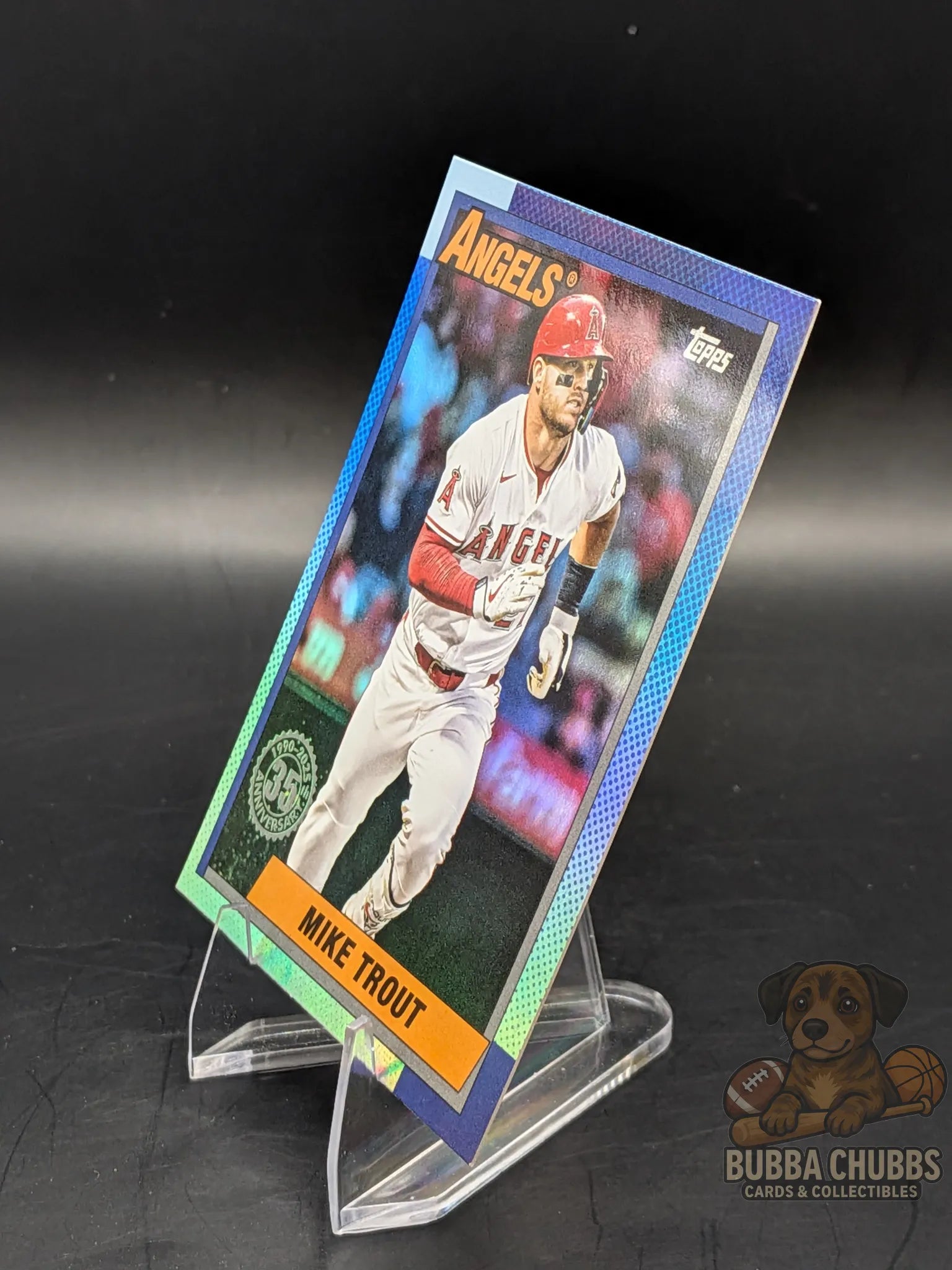 Baseball trading card of Mike Trout Los Angeles Angels Topps update series 35th anniversary insert blue parallel