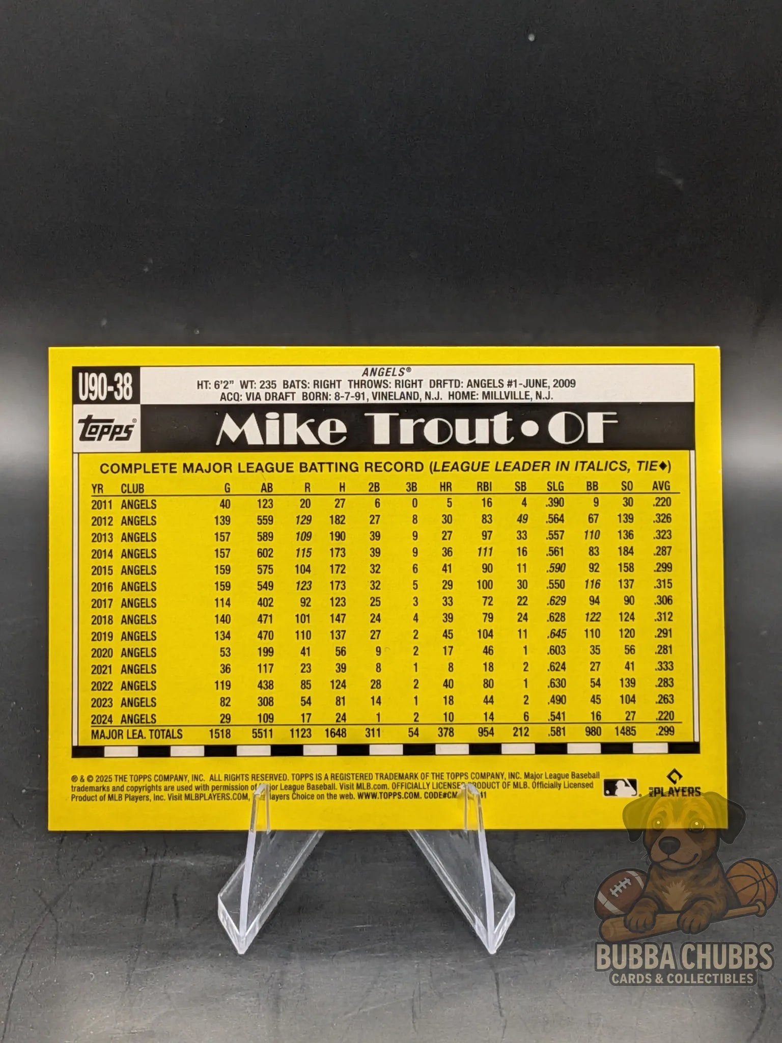 Baseball trading card of Mike Trout Los Angeles Angels Topps update series 35th anniversary insert blue parallel