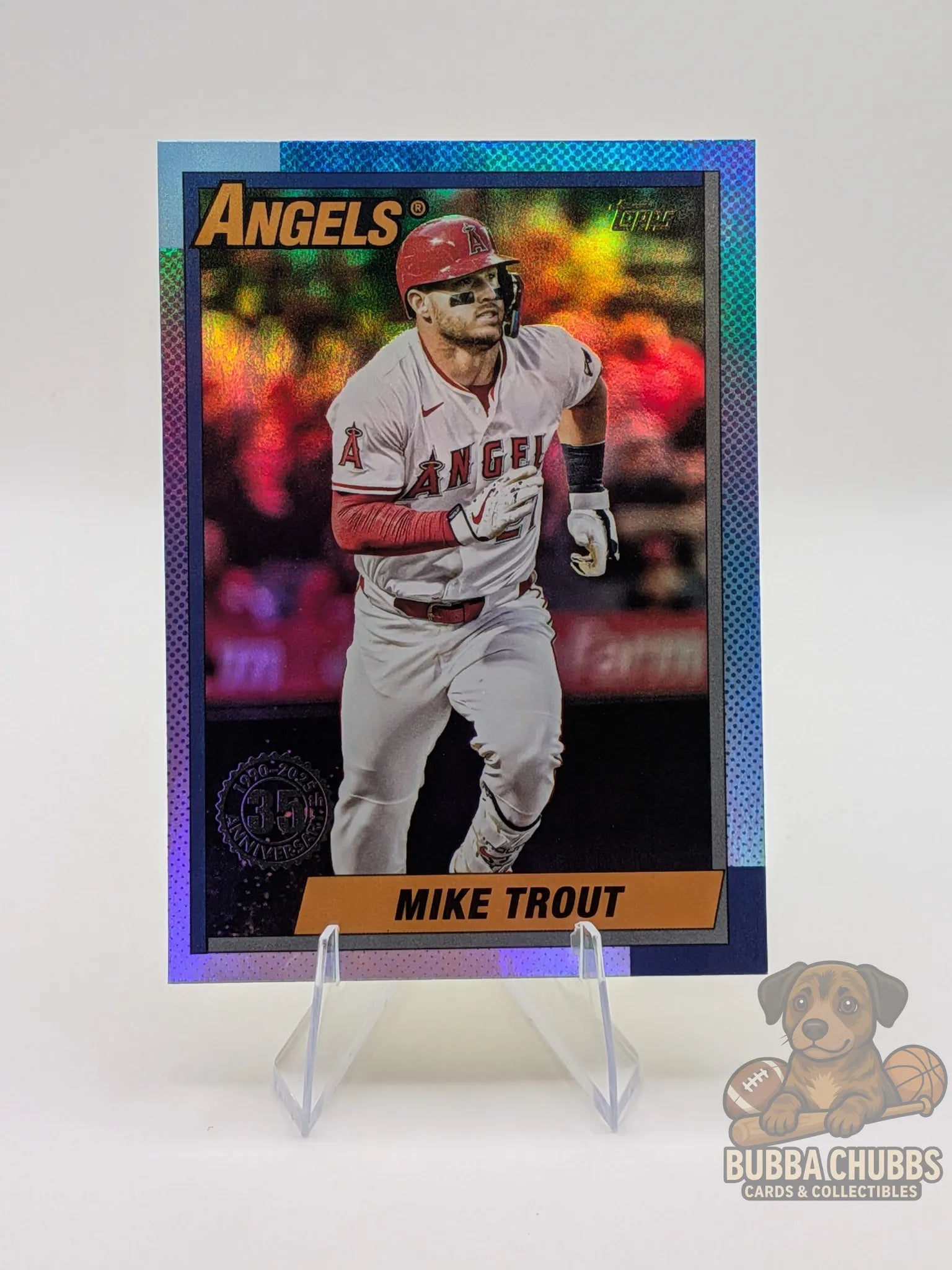 Baseball trading card of Mike Trout Los Angeles Angels Topps update series 35th anniversary insert blue parallel