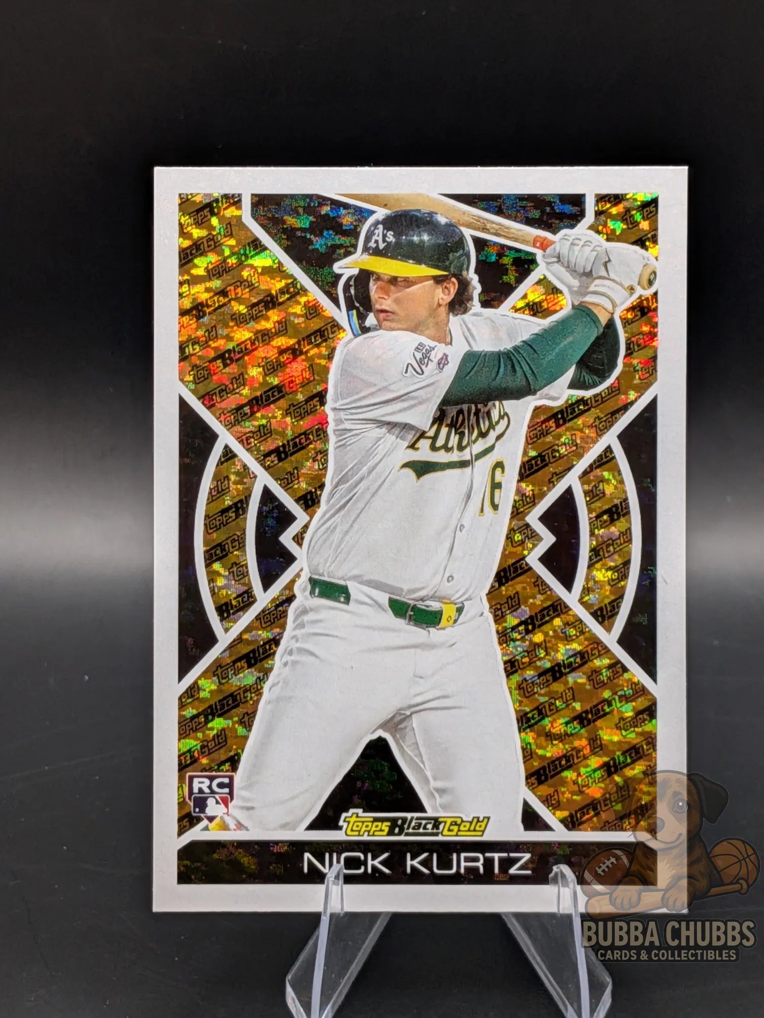 Baseball trading card of rookie Nick Kurtz of the Athletics topps update series black gold parallel mystical insert 