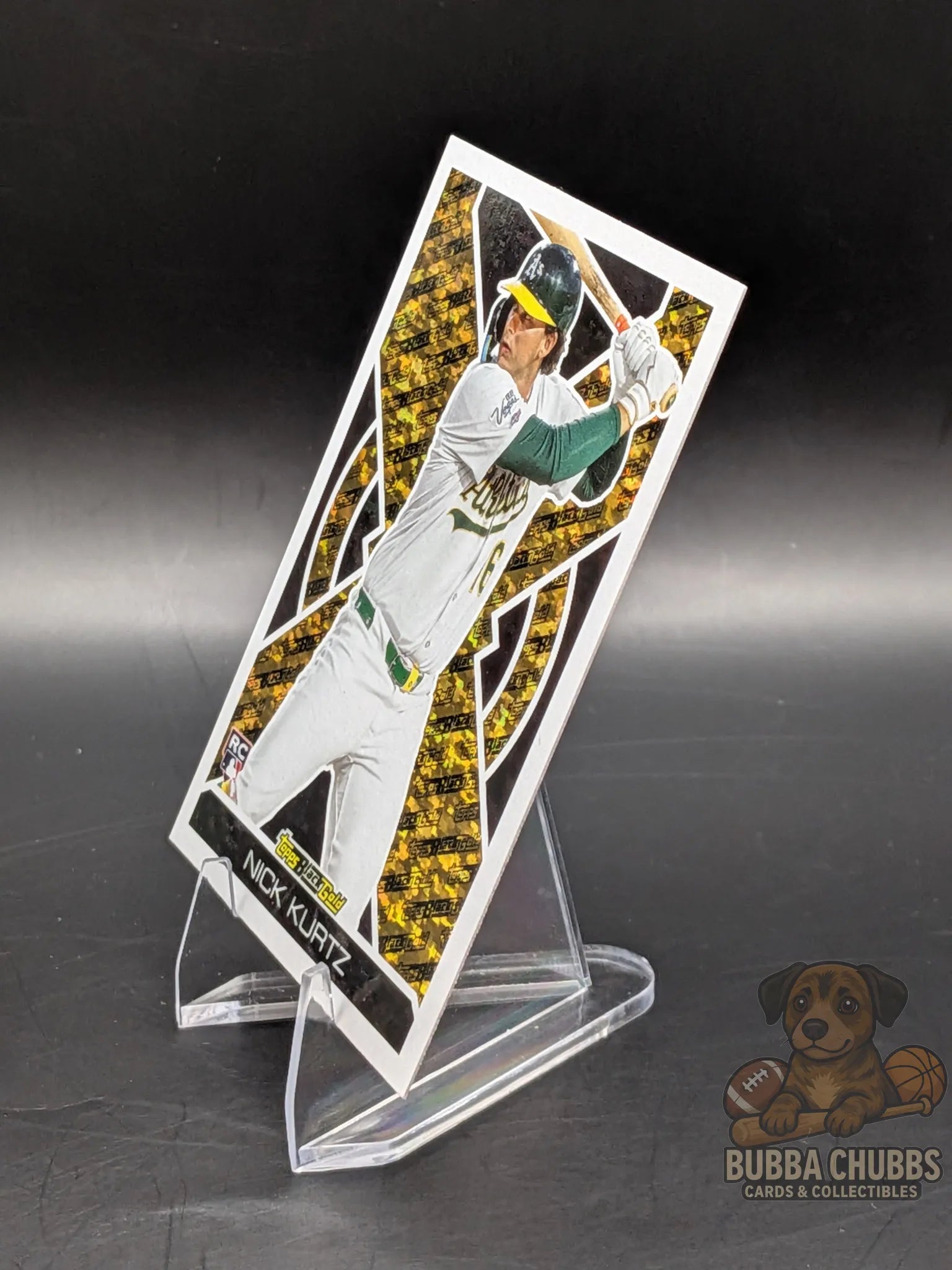 Baseball trading card of rookie Nick Kurtz of the Athletics topps update series black gold parallel mystical insert 