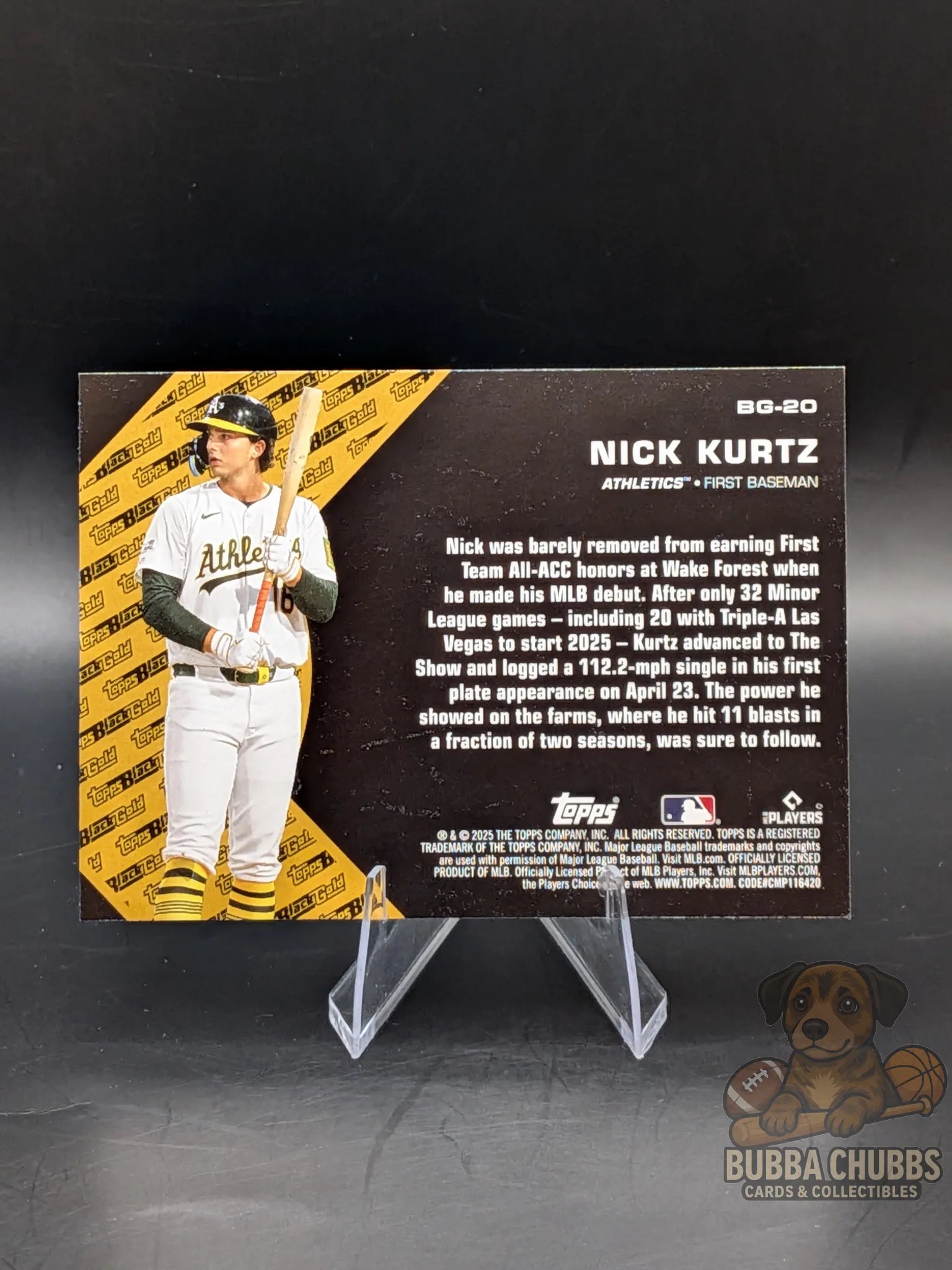 Baseball trading card of rookie Nick Kurtz of the Athletics topps update series black gold parallel mystical insert 