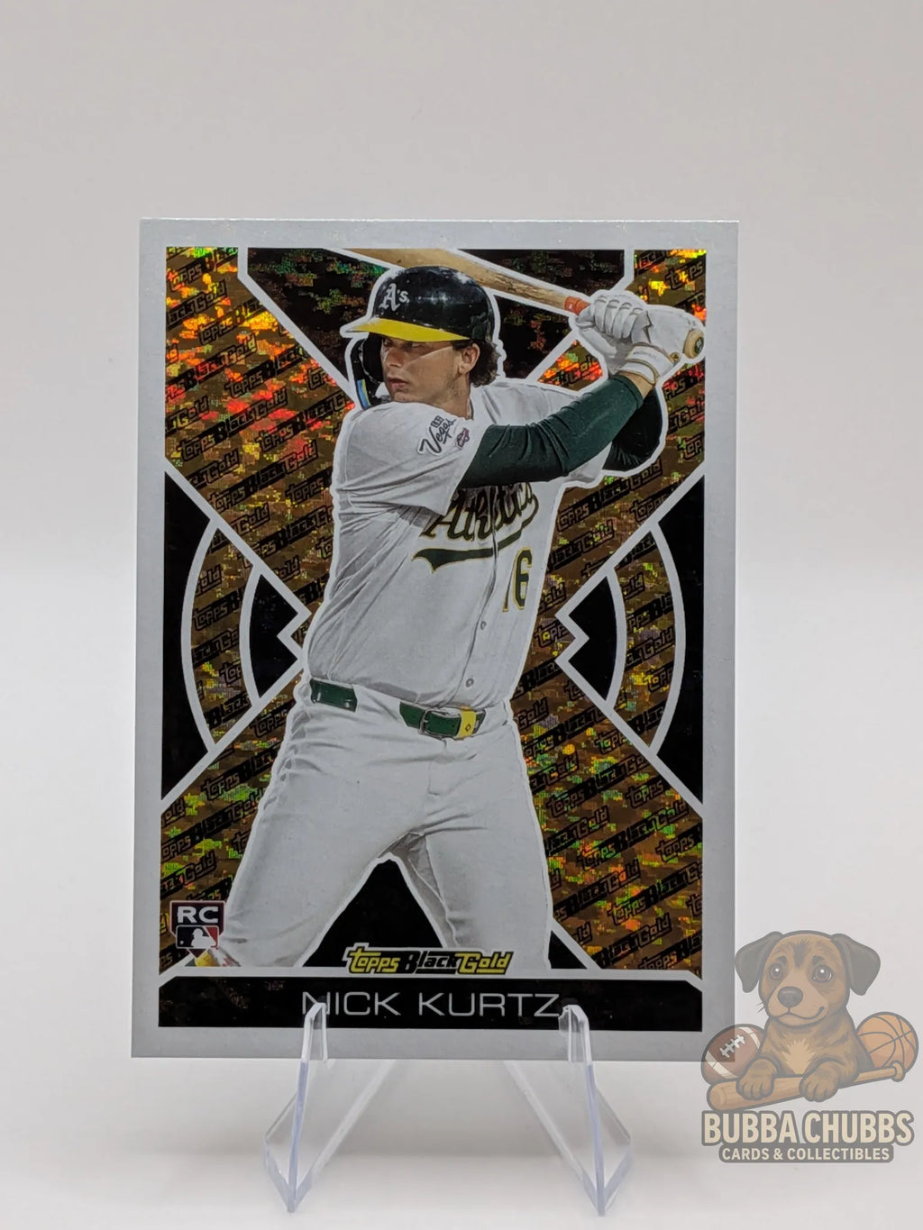 Baseball trading card of rookie Nick Kurtz of the Athletics topps update series black gold parallel mystical insert 