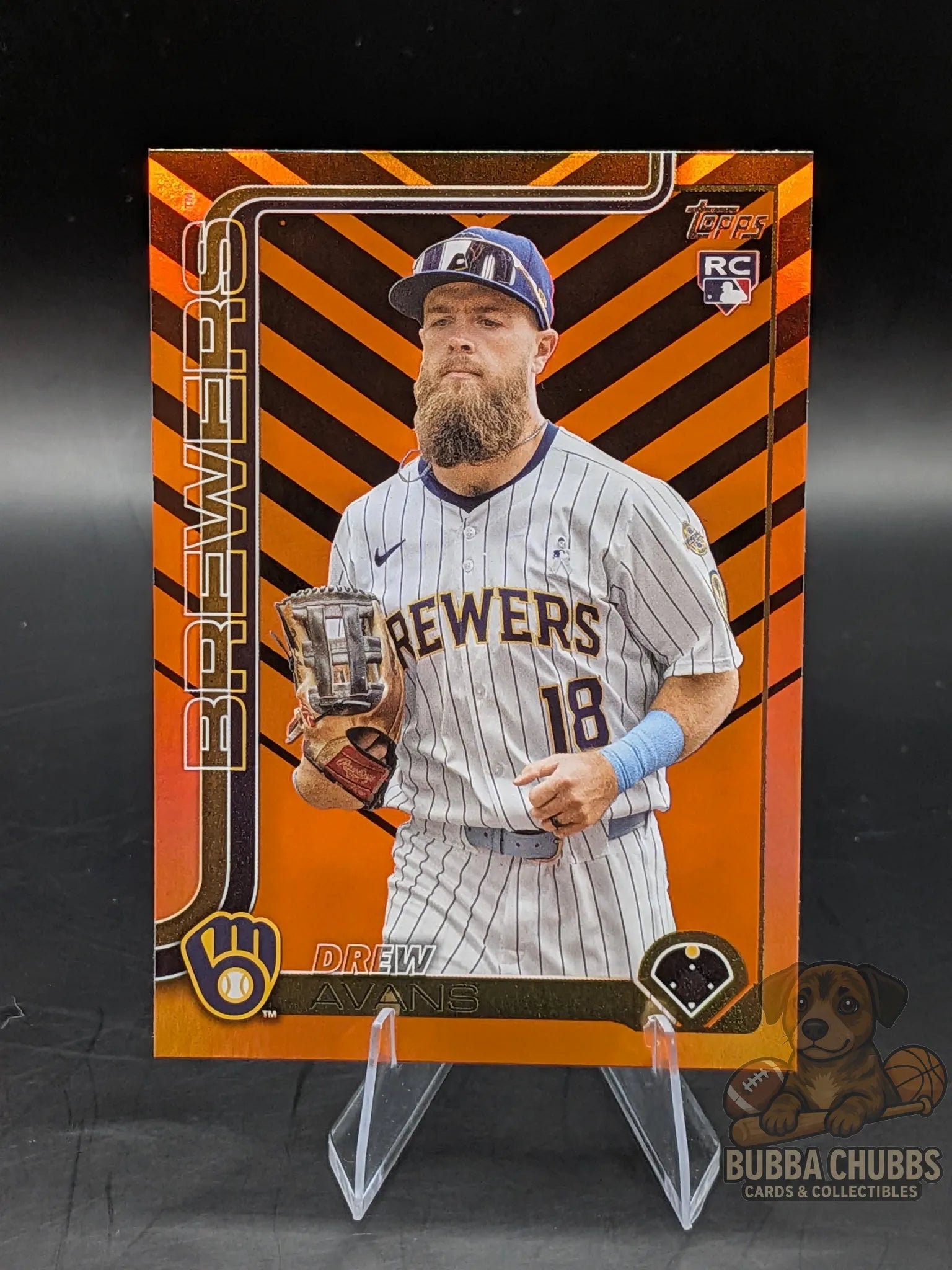 Baseball trading card of rookie Drew Avans of the Brewers topps update series orange and black stripes parallel