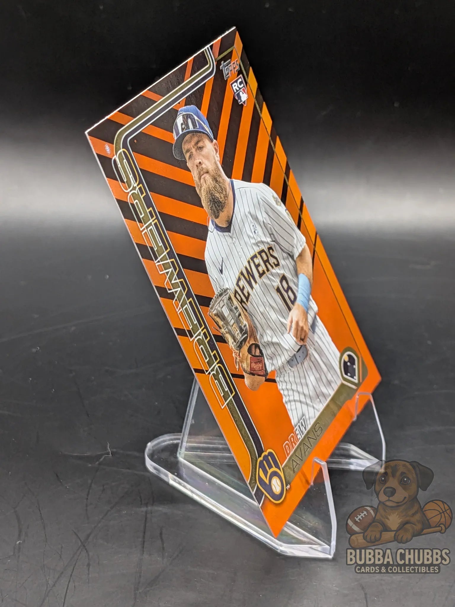 Baseball trading card of rookie Drew Avans of the Brewers topps update series orange and black stripes parallel