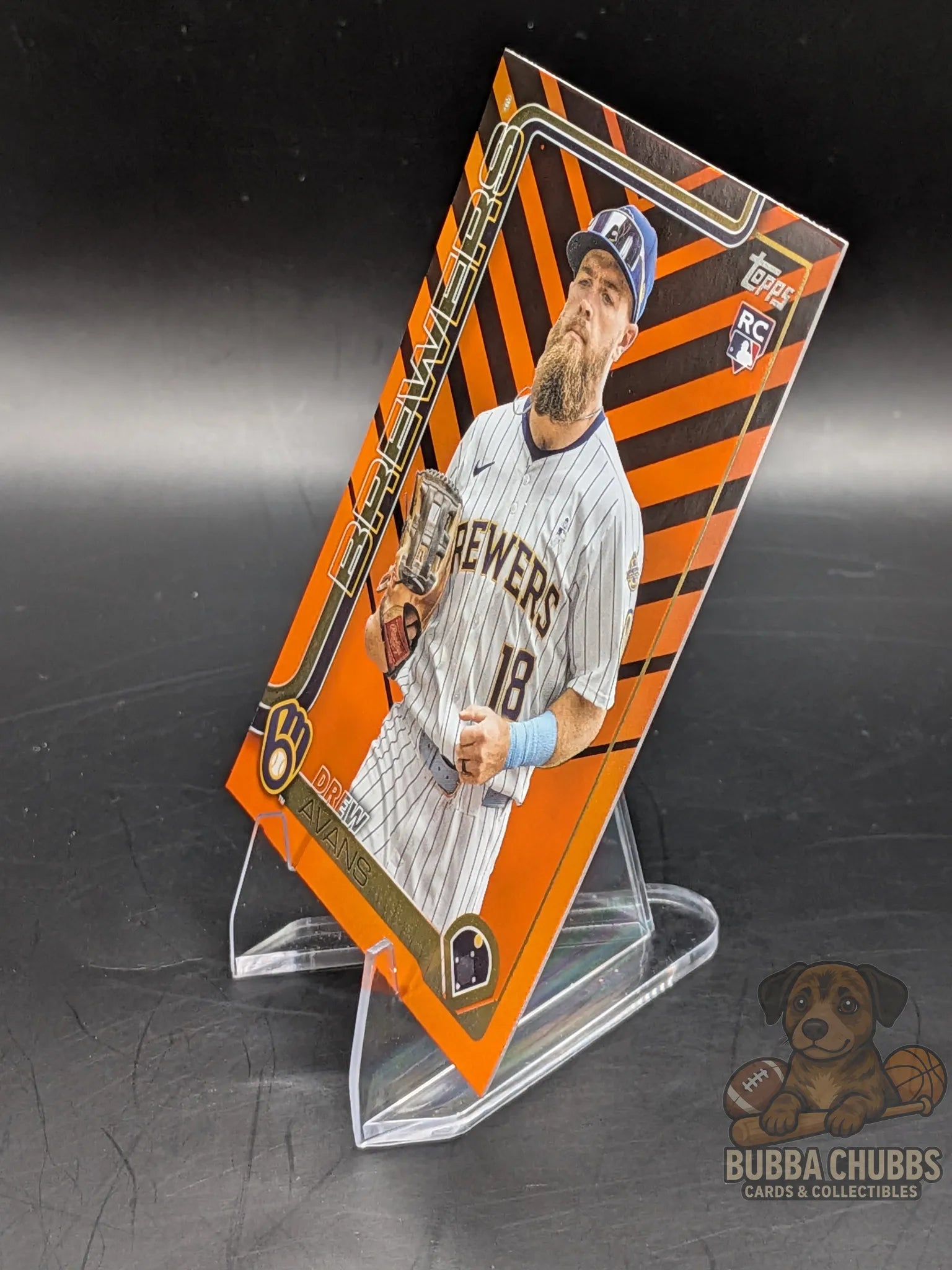 Baseball trading card of rookie Drew Avans of the Brewers topps update series orange and black stripes parallel