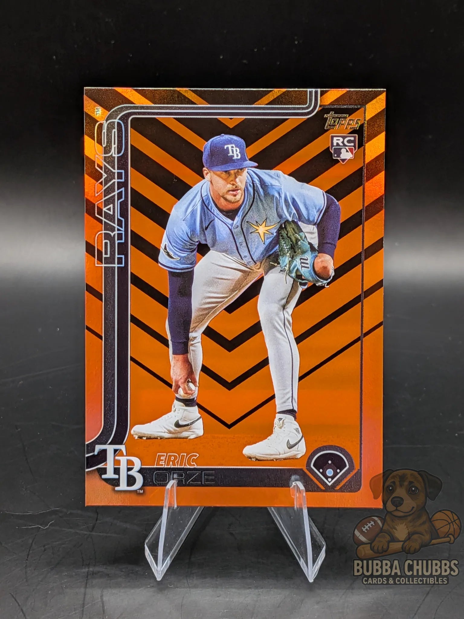 Baseball trading card featuring rookie Eric Orze of the Tampa Bay Rays topps update series orange and black striped parallel