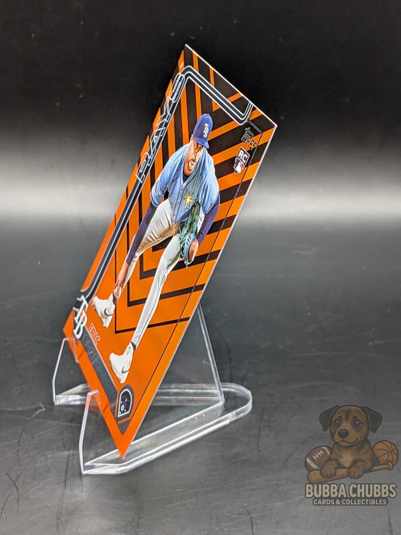 Baseball trading card featuring rookie Eric Orze of the Tampa Bay Rays topps update series orange and black striped parallel