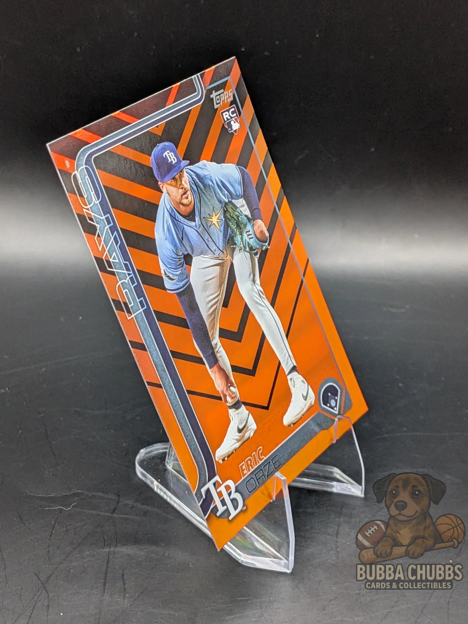 Baseball trading card featuring rookie Eric Orze of the Tampa Bay Rays topps update series orange and black striped parallel